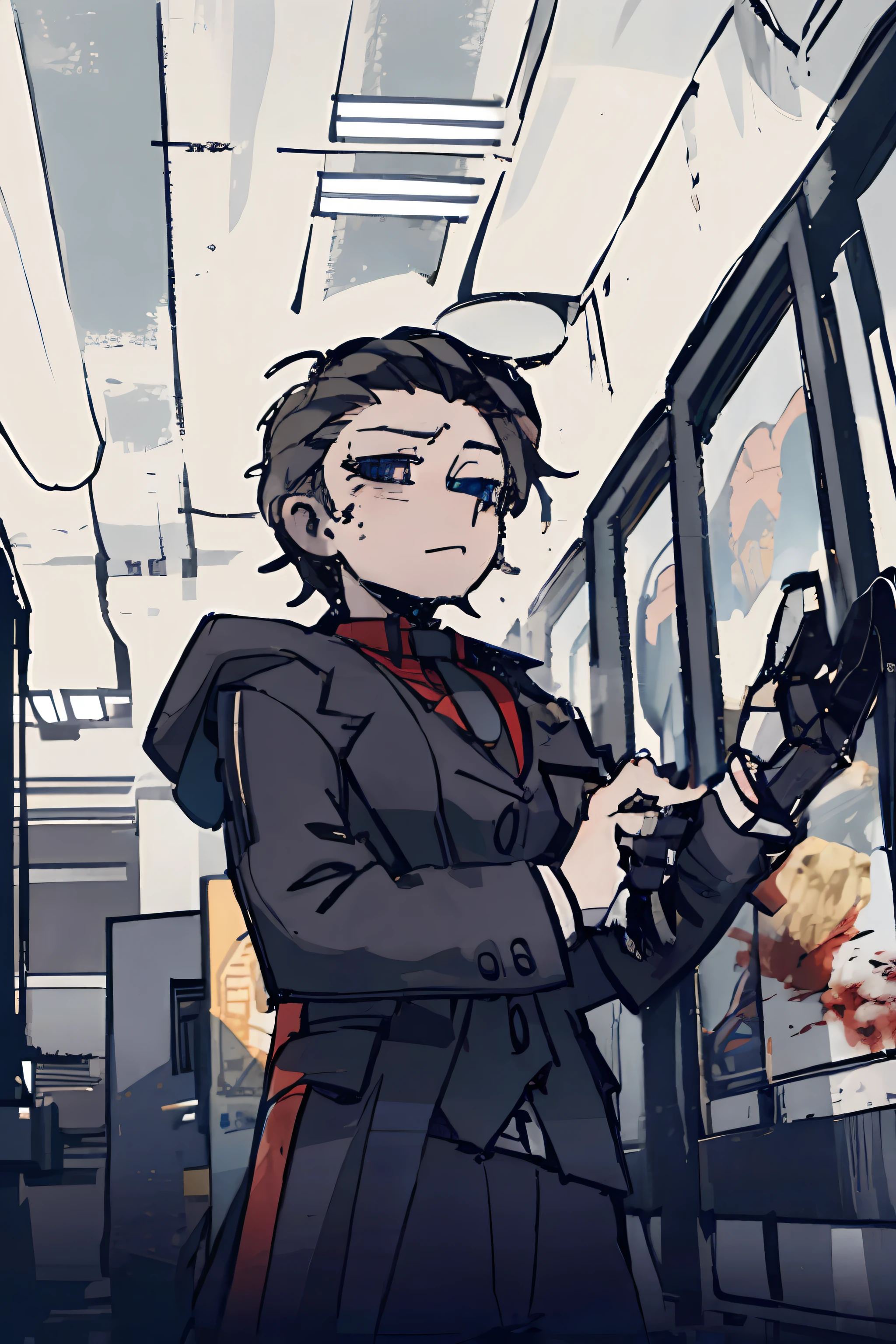 1boy, Short brown hair, blue eyes, wearing winter coats, abandoned building, high res, ultrasharp 8K, master piece, looking at the sky, expressionless, covered in blood