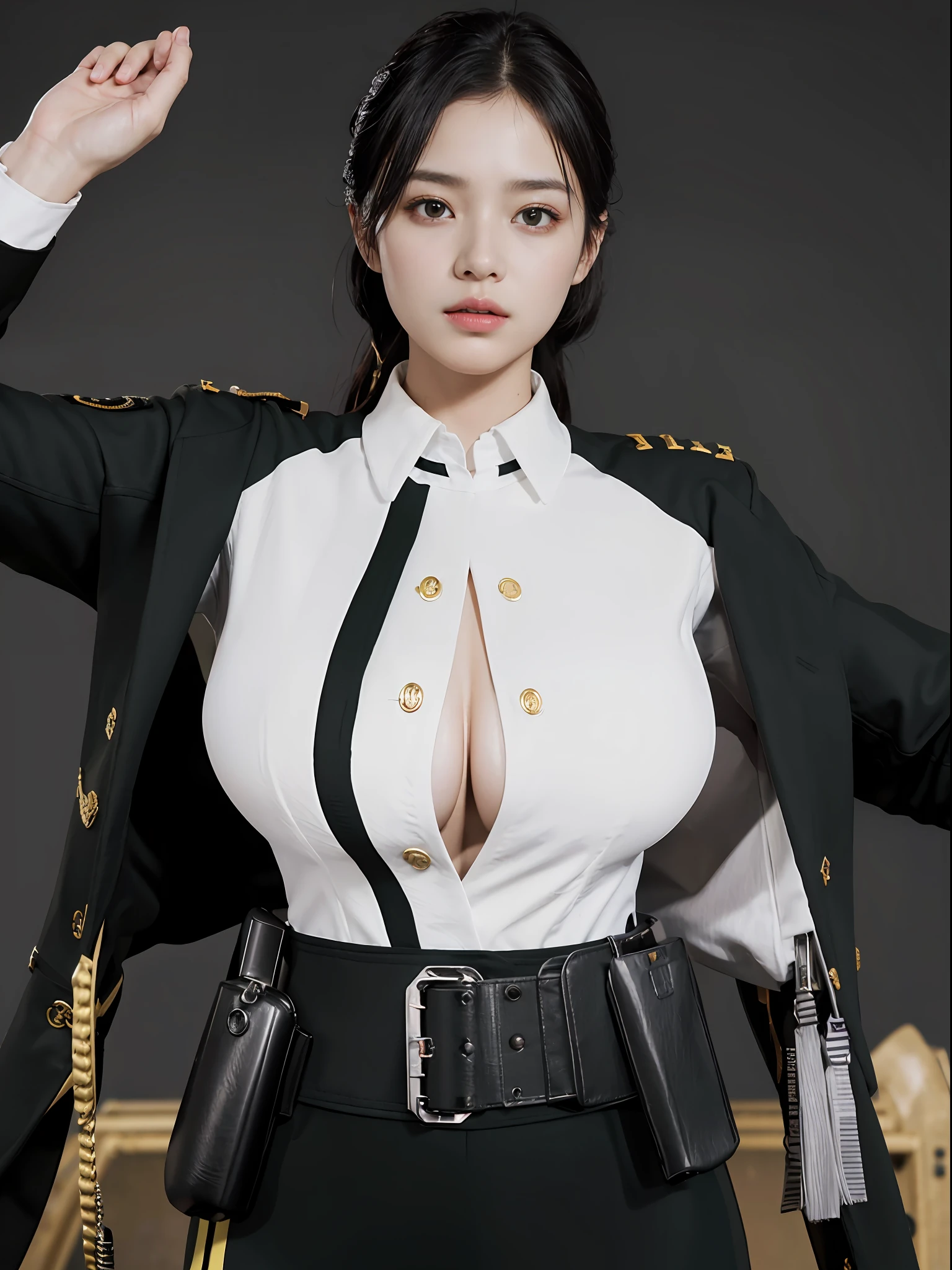 Very detailed CG unity 8K wallpaper，（tmasterpiece），（best qualtiy），（ultra - detailed），（Ultra photo realsisim），（best character detail：1.36），Nikon D750 f / 1.4 55mm，profesional lighting， physically-based renderingt, 1girll, Female soldier，army suit，Fabric texture military uniform，Lined white shirt，tiese，Black hair，the golden ratio,[:(com rosto detalhado:1.2):0.2]:,PureErosFace_V1, broad shoulder,(Bigchest:1.5),(big assa:1.5)，Soaked with sweat，sexyposture，squating，Garden Square