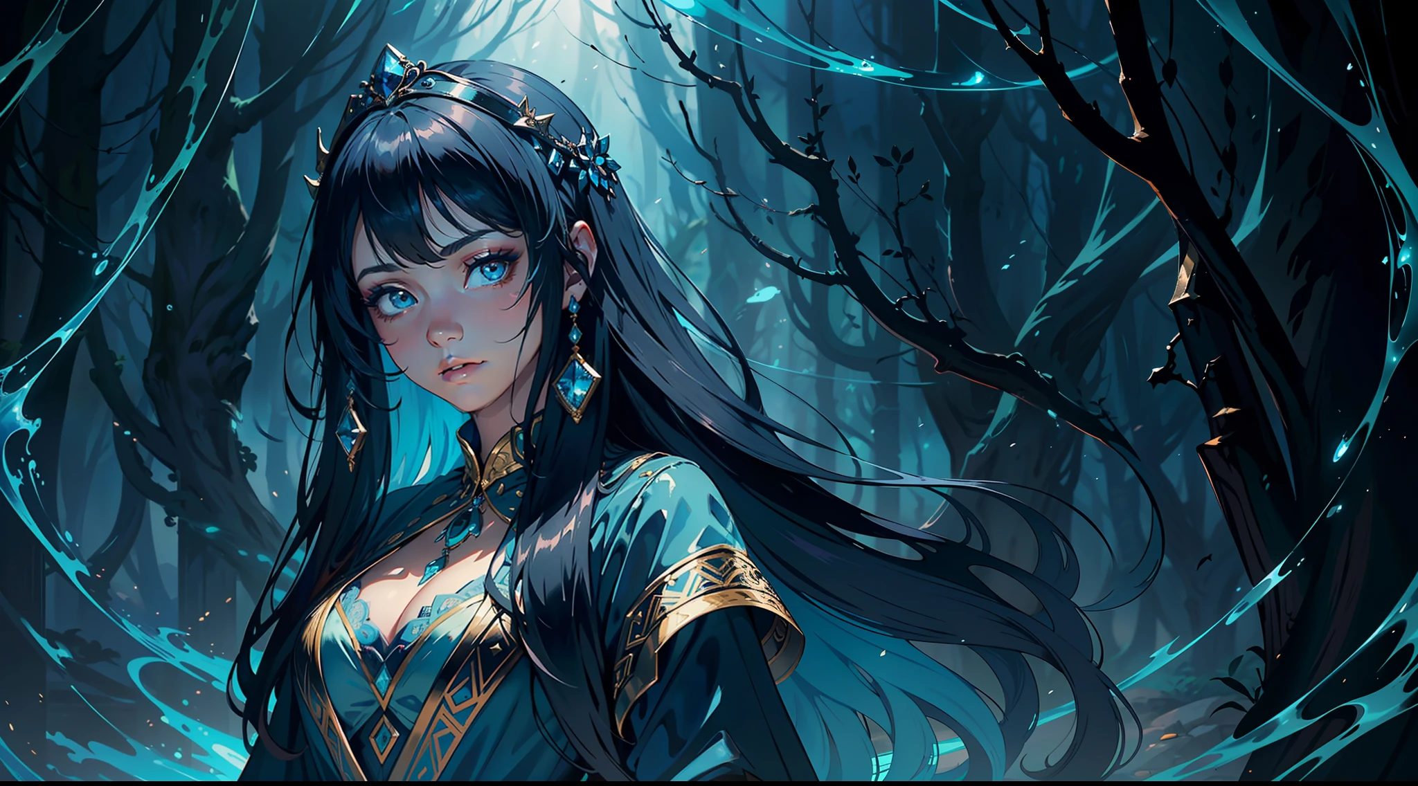 A age girl with long black hair, clad in a flowing blue robe, and a distant gaze. (Fantasy art style: 1.2), (magical and enchanting atmosphere: 1.3), (glowing elements: 1.1), (fine details in clothing: 1.2), (subtle makeup with a touch of shimmer: 1.1), (mysterious expression: 1.3), (ornate patterns on the robe: 1.2), (realistic portrait with a touch of fantasy: 1.4), (inspired by the works of Victoria Francés: 1.3), (featured on ArtStation: 1.1), (emphasis on creating depth: 1.2), (cool color palette with hints of blue: 1.1)