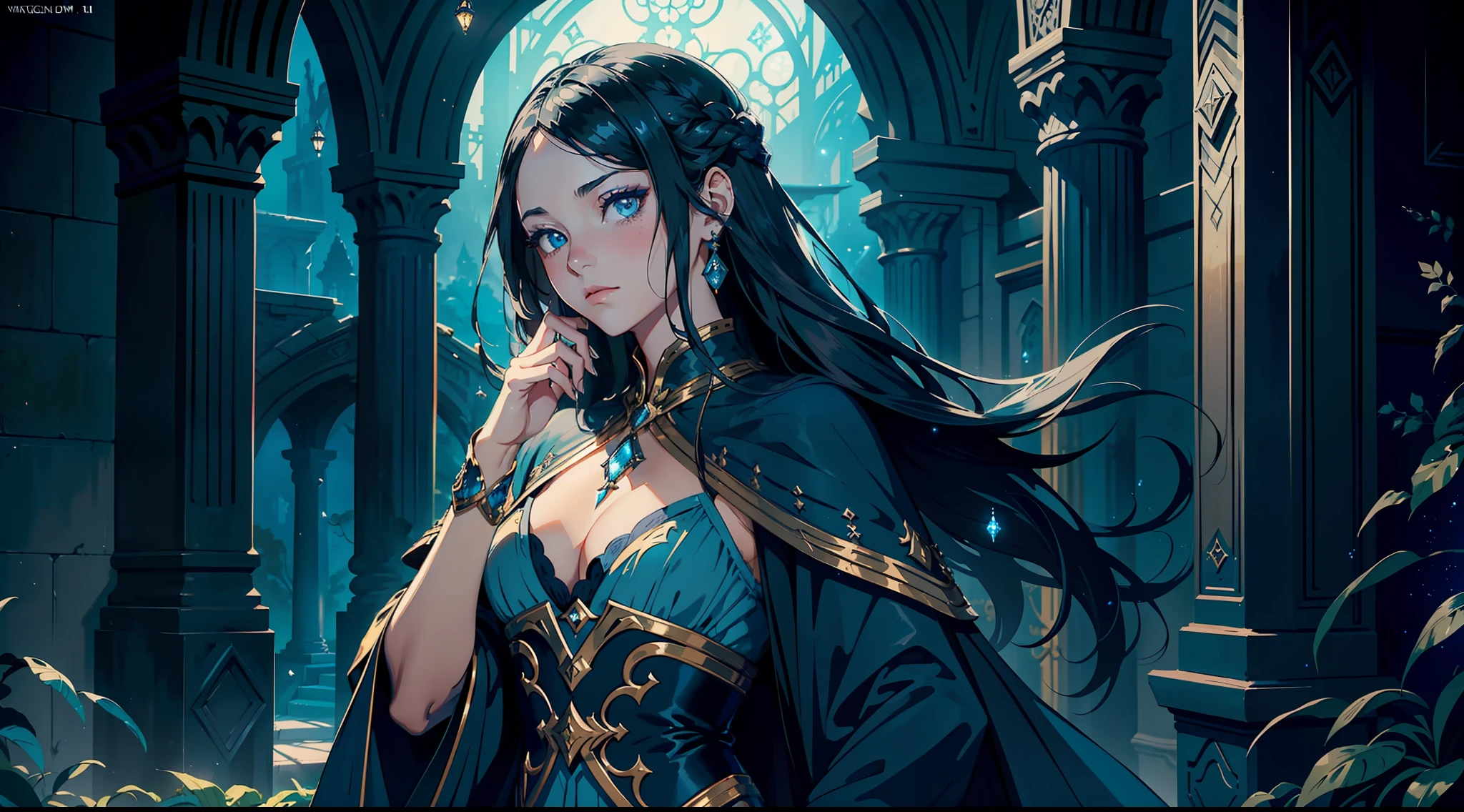 A teenage girl with long black hair, clad in a flowing blue robe, and a distant gaze. (Fantasy art style: 1.2), (magical and enchanting atmosphere: 1.3), (glowing elements: 1.1), (fine details in clothing: 1.2), (subtle makeup with a touch of shimmer: 1.1), (mysterious expression: 1.3), (ornate patterns on the robe: 1.2), (realistic portrait with a touch of fantasy: 1.4), (inspired by the works of Victoria Francés: 1.3), (featured on ArtStation: 1.1), (emphasis on creating depth: 1.2), (cool color palette with hints of blue: 1.1)