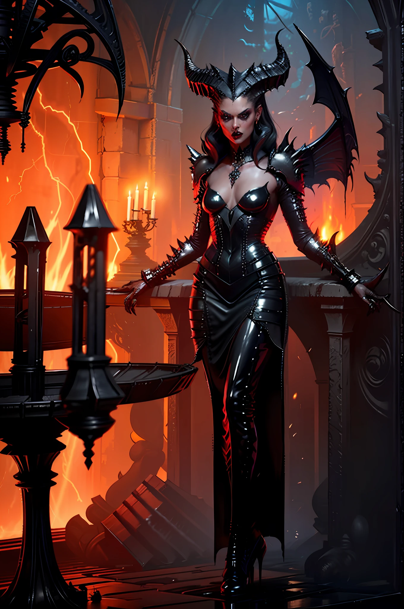 Lilith inside a church, (in Lipstick), (wearing Tight Slim Long Black Deep Shiny Metallic Latex Gown), fire, lightning, blood, whole body, in the style of D14bl0 red dramatic lights