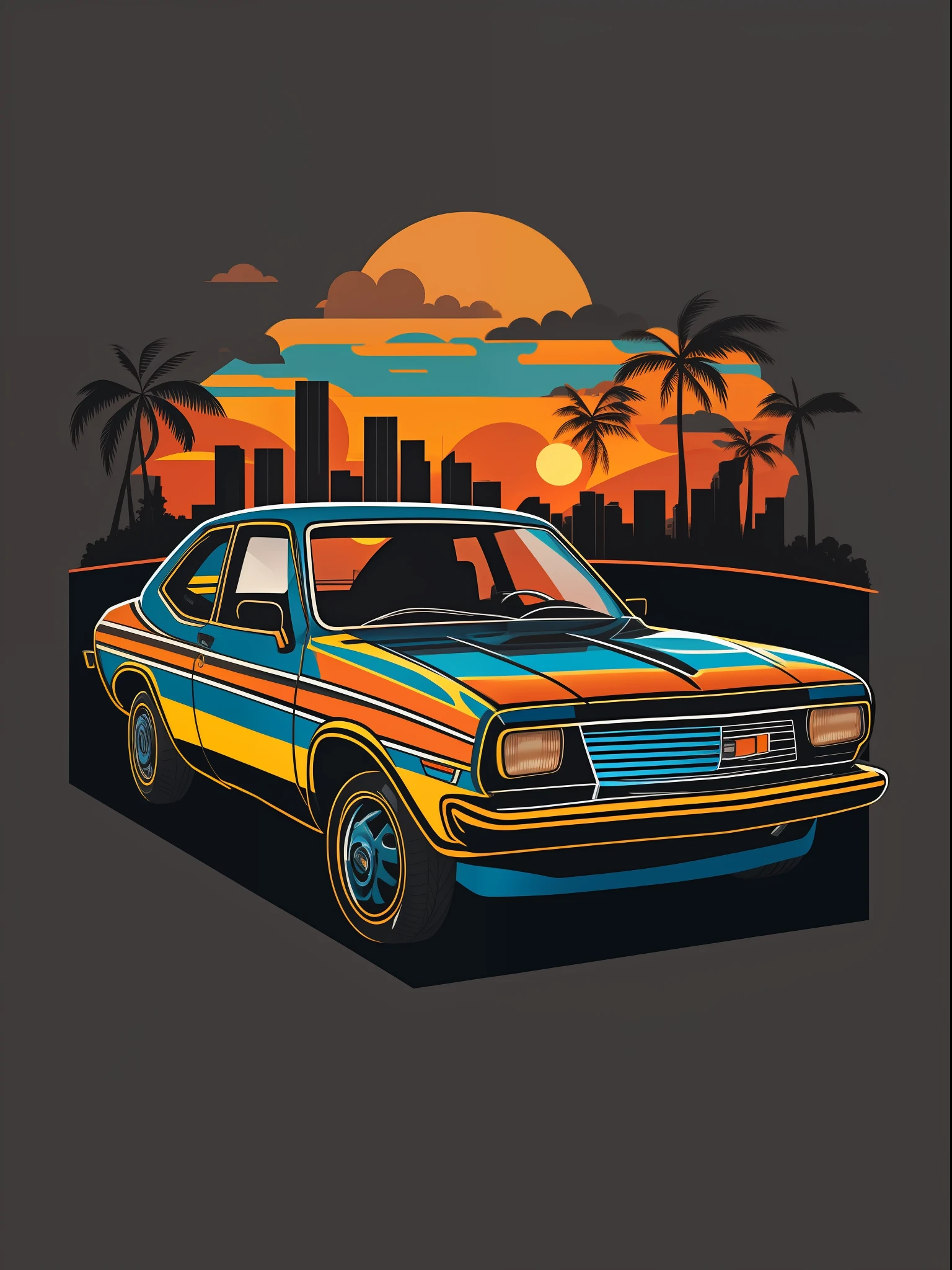 graphic design t-shirt, flat design , CHEVETTE, RIO street, colorful hues, highly detailed clean, vector image, photorealistic masterpiece, professional photography, realistic car, simple sunrise background for the car, flat black background, isometric, bright vector((black background))