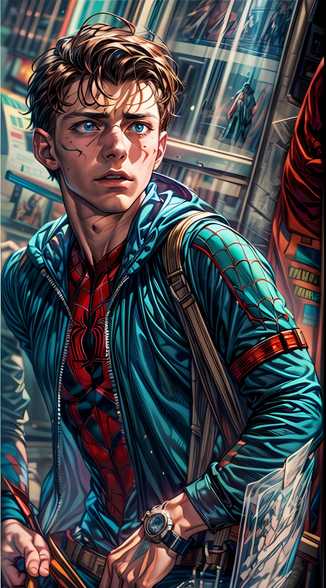 (RAW Photo, Best Quality), (Realistic, Photorealistic Photo: 1.3), Best Quality, Highly Detailed, Masterpiece, Ultra Detailed, Illustration, Marvel cinematic universe, marvel, Tom Holland, Peter Parker as Spiderman, background should be epic, upper body, high detail on dress, Best Quality, Extremely Detailed CG Unified 8k Wallpaper, Ink, Amazing, badass look, portrait, close up (skin texture), intricately detailed, fine details, hyperdetailed.