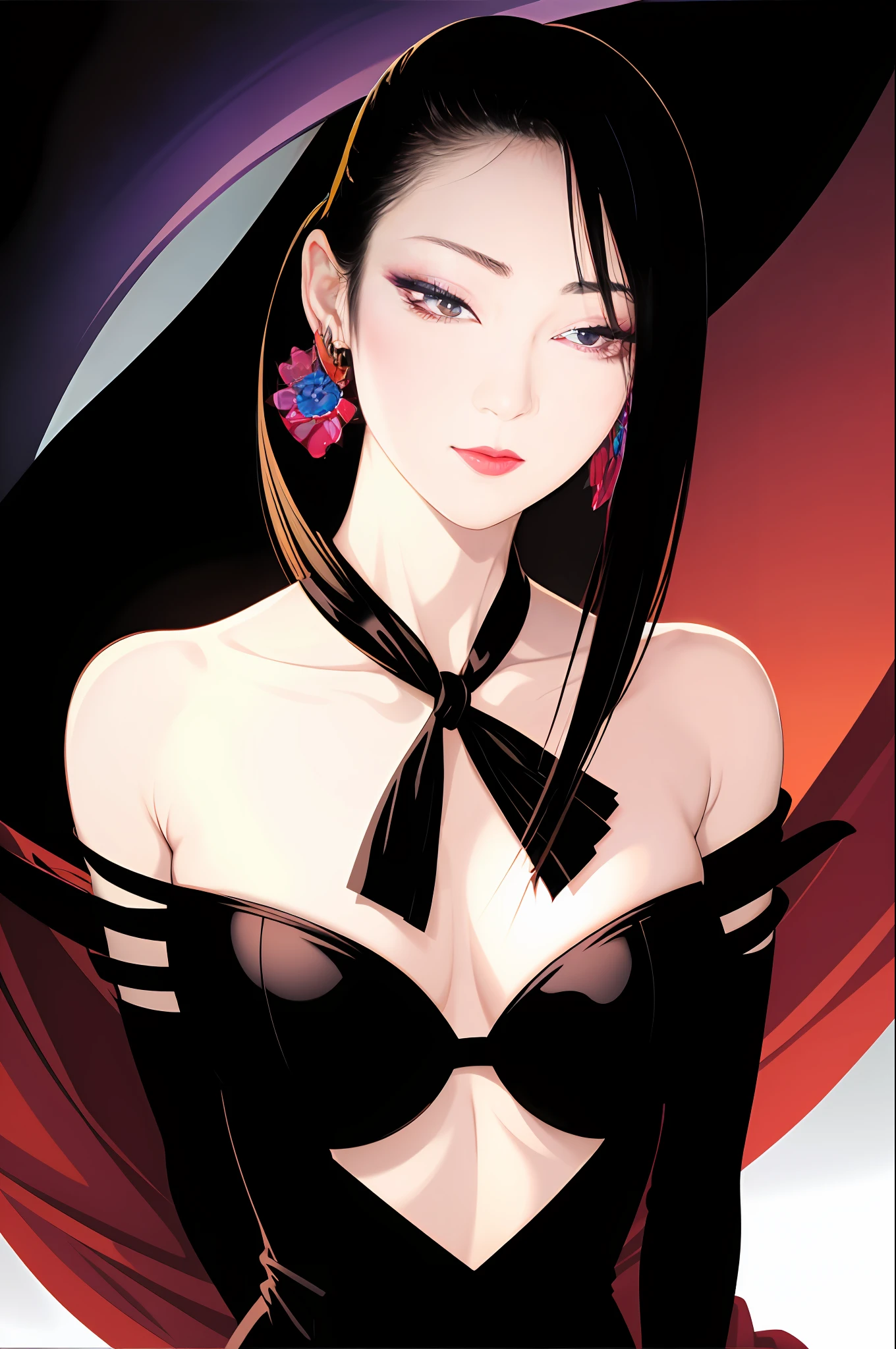 tsuruta ichiro, Narrow-eyed, 1girl in, Allback、deadpan、short-hair、shorth hair、brow、Reluctance、A dark-haired、Tucked Hair Solo, Cowgirl, Onepiece,  ((mideum breasts)),  Thin slit eyes、Black eyes, Light shines on the eyes、Black hair, gloves, Dress,  Luxurious Jewelry, earrings, sharp eye、 elbow groves,Raise your hands and tie your hair back, random color, random color dress,  Makeup for long eyes, Slender eyes、lip stick, Complex petal pattern, Rim Light, Back Light, pastel color,Studio Lighting
