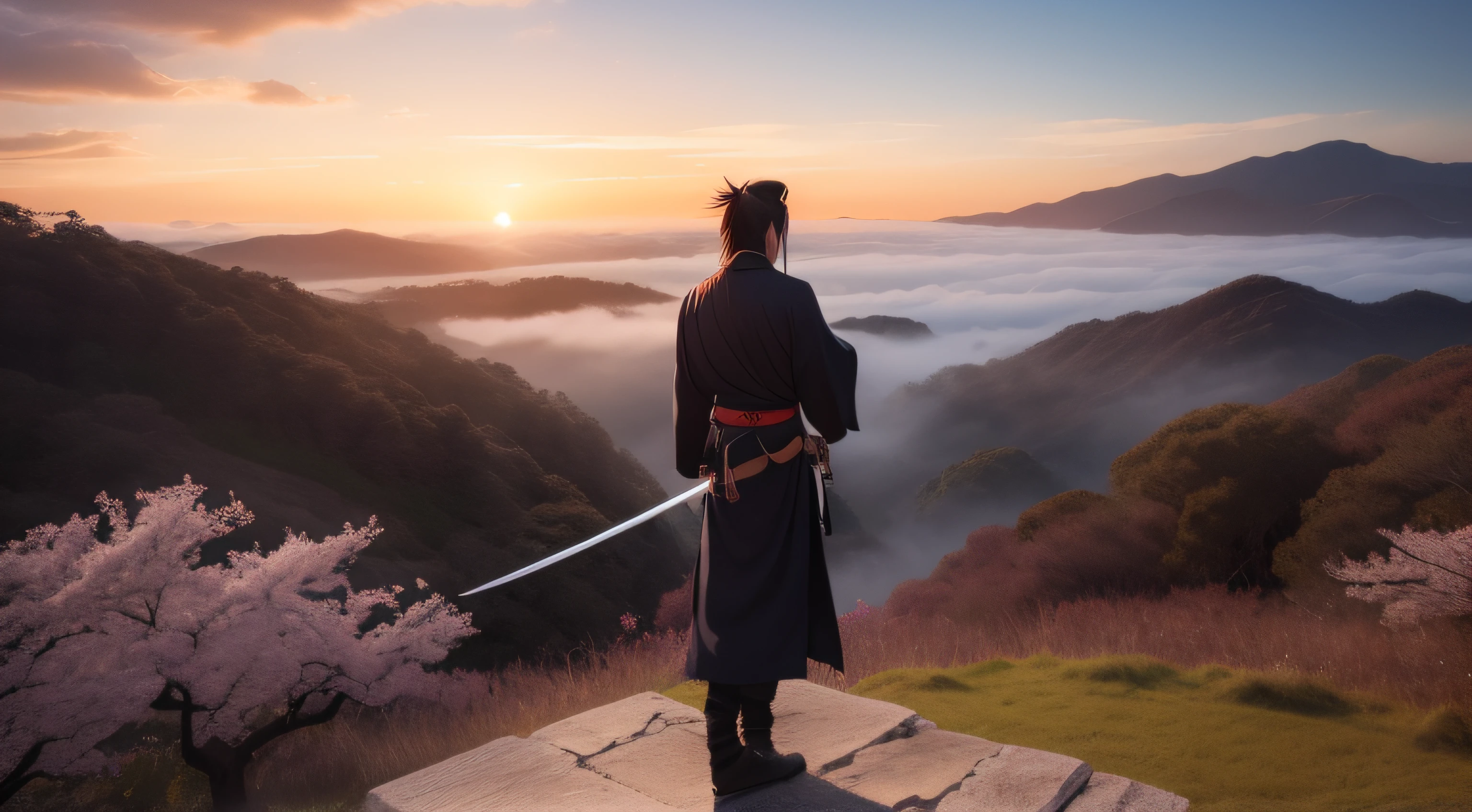 In this awe-inspiring scene, Miyamoto Musashi, the legendary Japanese swordsman, stands on a cliff's edge, overlooking a vast and mystical landscape. The sky above him is painted with hues of orange and purple, reflecting the setting sun's radiant glow. A gentle breeze rustles the cherry blossom trees nearby, and in the distance, ethereal creatures and spirits seem to emerge from the mist. Musashi's katana gleams with an otherworldly light, as if infused with the power of ancient spirits. With an air of tranquility and determination, he gazes into the horizon, embodying the harmonious union of warrior spirit and serene wisdom. This imaginative image invites viewers to embrace the spirit of adventure and embark on a journey of wonder alongside the legendary Miyamoto Musashi.