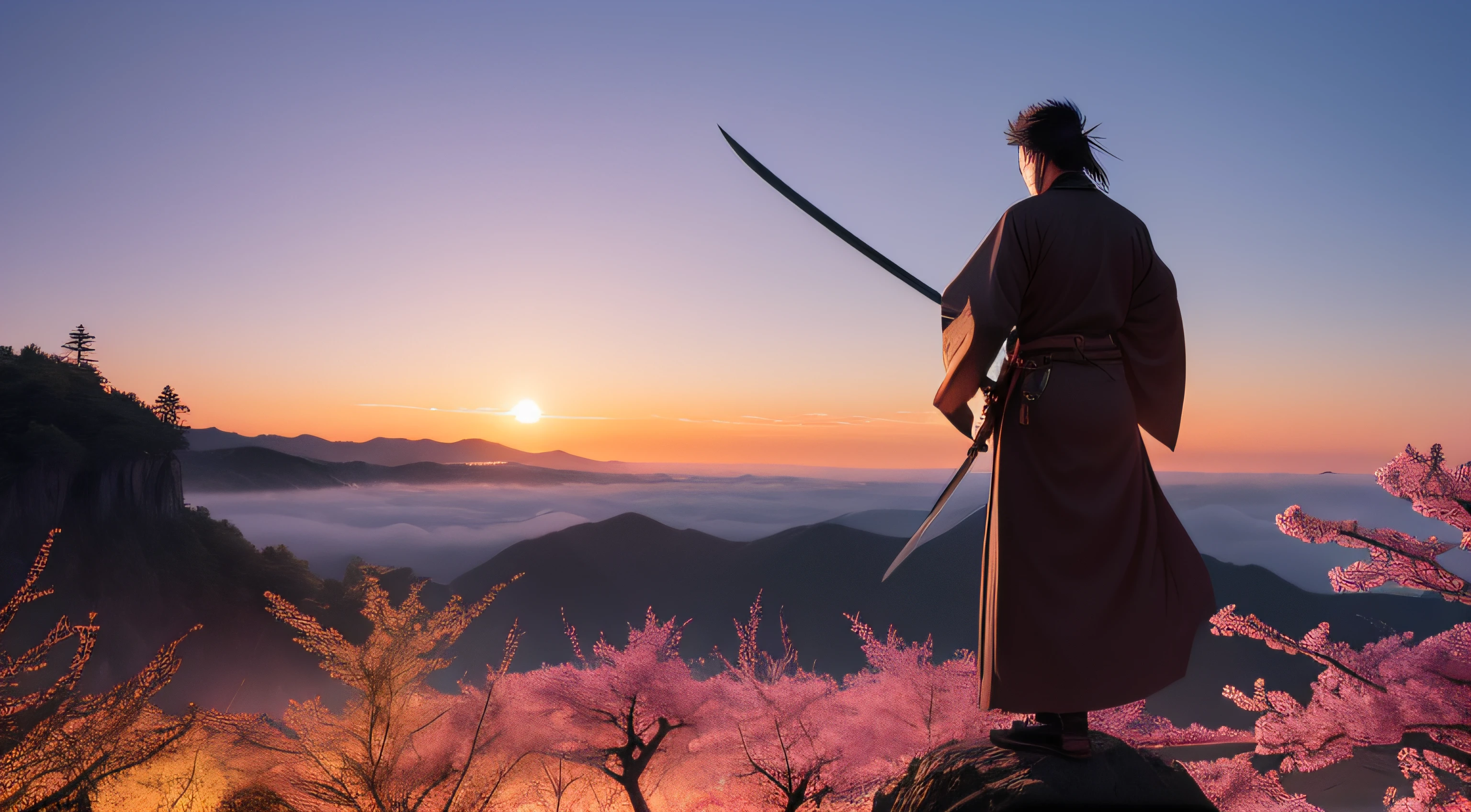 In this awe-inspiring scene, Miyamoto Musashi, the legendary Japanese swordsman, stands on a cliff's edge, overlooking a vast and mystical landscape. The sky above him is painted with hues of orange and purple, reflecting the setting sun's radiant glow. A gentle breeze rustles the cherry blossom trees nearby, and in the distance, ethereal creatures and spirits seem to emerge from the mist. Musashi's katana gleams with an otherworldly light, as if infused with the power of ancient spirits. With an air of tranquility and determination, he gazes into the horizon, embodying the harmonious union of warrior spirit and serene wisdom. This imaginative image invites viewers to embrace the spirit of adventure and embark on a journey of wonder alongside the legendary Miyamoto Musashi.