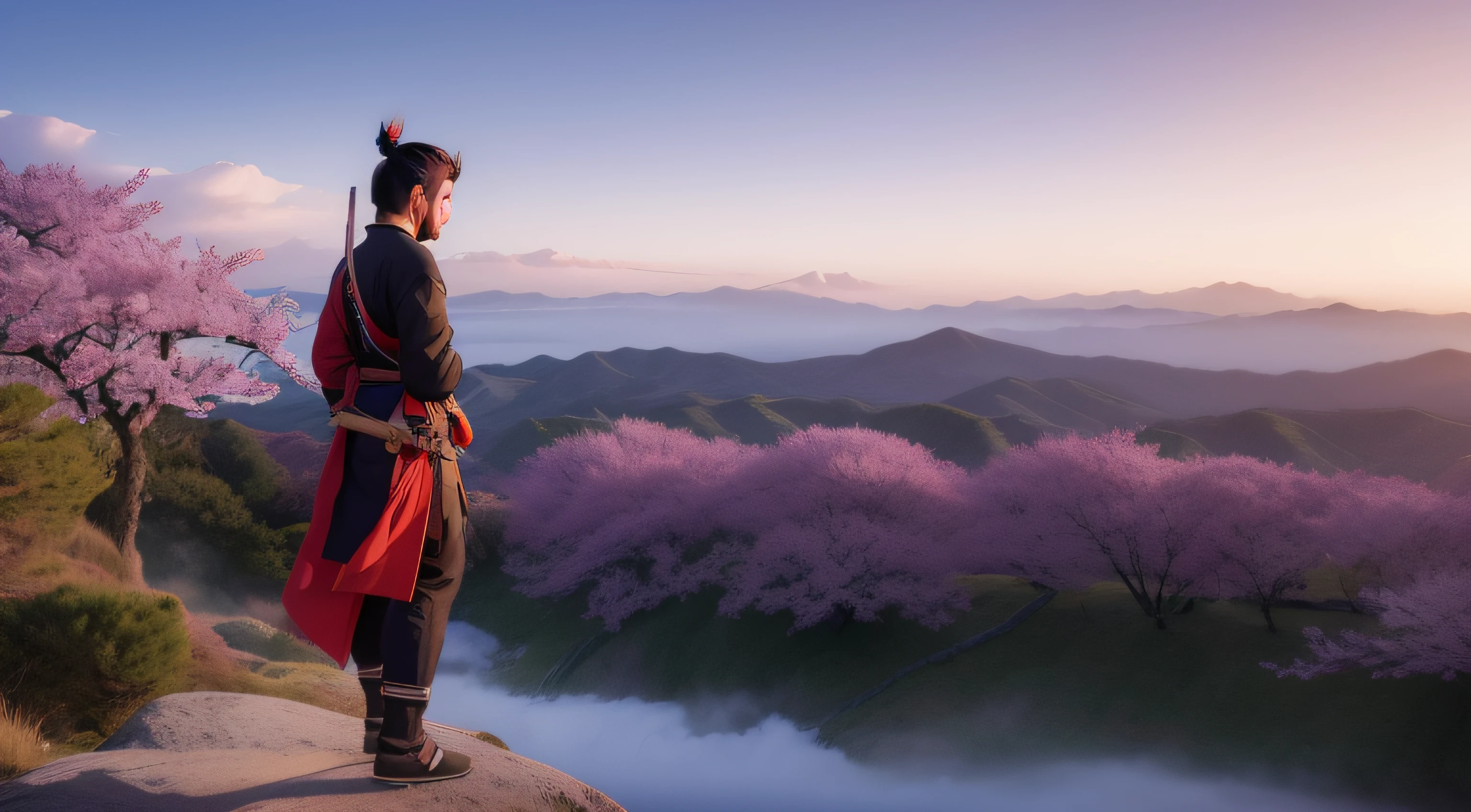 In this awe-inspiring scene, Miyamoto Musashi, the legendary Japanese swordsman, stands on a cliff's edge, overlooking a vast and mystical landscape. The sky above him is painted with hues of orange and purple, reflecting the setting sun's radiant glow. A gentle breeze rustles the cherry blossom trees nearby, and in the distance, ethereal creatures and spirits seem to emerge from the mist. Musashi's katana gleams with an otherworldly light, as if infused with the power of ancient spirits. With an air of tranquility and determination, he gazes into the horizon, embodying the harmonious union of warrior spirit and serene wisdom. This imaginative image invites viewers to embrace the spirit of adventure and embark on a journey of wonder alongside the legendary Miyamoto Musashi.