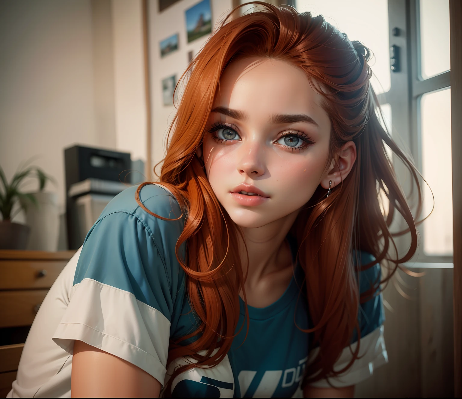 Fotografia detalhada e realista de uma mulher com sardas, round eyes and messy hair, fotografada do lado de fora, vestindo uma camiseta branca, textura da pele, Chapped lips, soft natural lighting, fotografia retrato, lente 85mm, magic photography, lighting dramatic, Foto realism, ultra-detalhado, Cinestill 800T, ruiva, olhos azuis