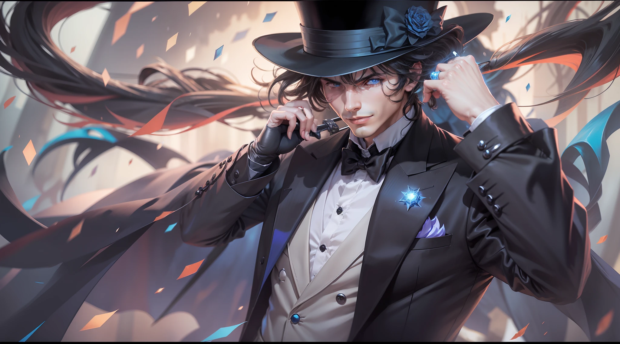 solo person, Brunette man, Black top hat, In black suit, blue color eyes, holding cane, Tall, Cold, Cold,serious,anime figure, Evil smile, starryskybackground