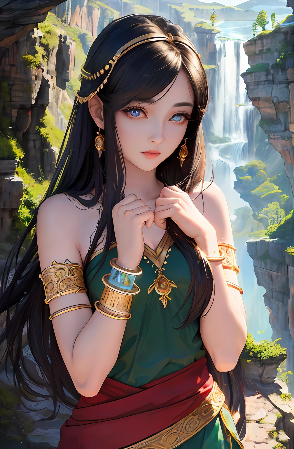 ((Realistic:1.5)),Ulzzang-6500:1.4,((Best quality)), ((Masterpiece)),((Detailed)),2girls,duo,{2 beautiful women}, (Upper body:1.3),Hug and touch each other, Tease your friend's waist, Breathless friends, Biting a friend's earlobe, crouched,super wide shot,Face focus, Long legs,Curvy, Barefoot,Wide hips, Thin legs, Oversized eyes,Long eyelashes, (Detailed face,beautidful eyes, detailedpupils,detailed clothes features, Clear background:1.3), (armlets, bangle:1.3), Mysterious ancient ruins, floresta exuberante, Deep canyon,bridge,River,cliff,Cloud,lakes,Rock music,Waterfalls, Flowers, Grass,grape trees,tree,bright detail,Sharp,Perfect compounding, Intricate, Sharp focus, Dramatic,
