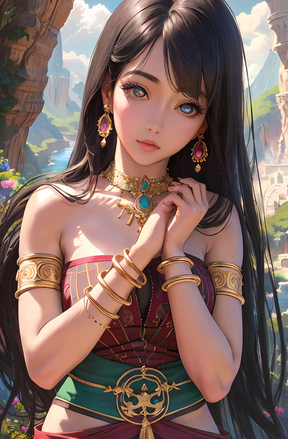 ((Realistic:1.5)),Ulzzang-6500:1.4,((Best quality)), ((Masterpiece)),((Detailed)),2girls,duo,{2 beautiful women}, (Upper body:1.3),Hug and touch each other, Tease your friend's waist, Breathless friends, Biting a friend's earlobe, crouched,super wide shot,Face focus, Long legs,Curvy, Barefoot,Wide hips, Thin legs, Oversized eyes,Long eyelashes, (Detailed face,beautidful eyes, detailedpupils,detailed clothes features, Clear background:1.3), (armlets, bangle:1.3), Mysterious ancient ruins, floresta exuberante, Deep canyon,bridge,River,cliff,Cloud,lakes,Rock music,Waterfalls, Flowers, Grass,grape trees,tree,bright detail,Sharp,Perfect compounding, Intricate, Sharp focus, Dramatic,