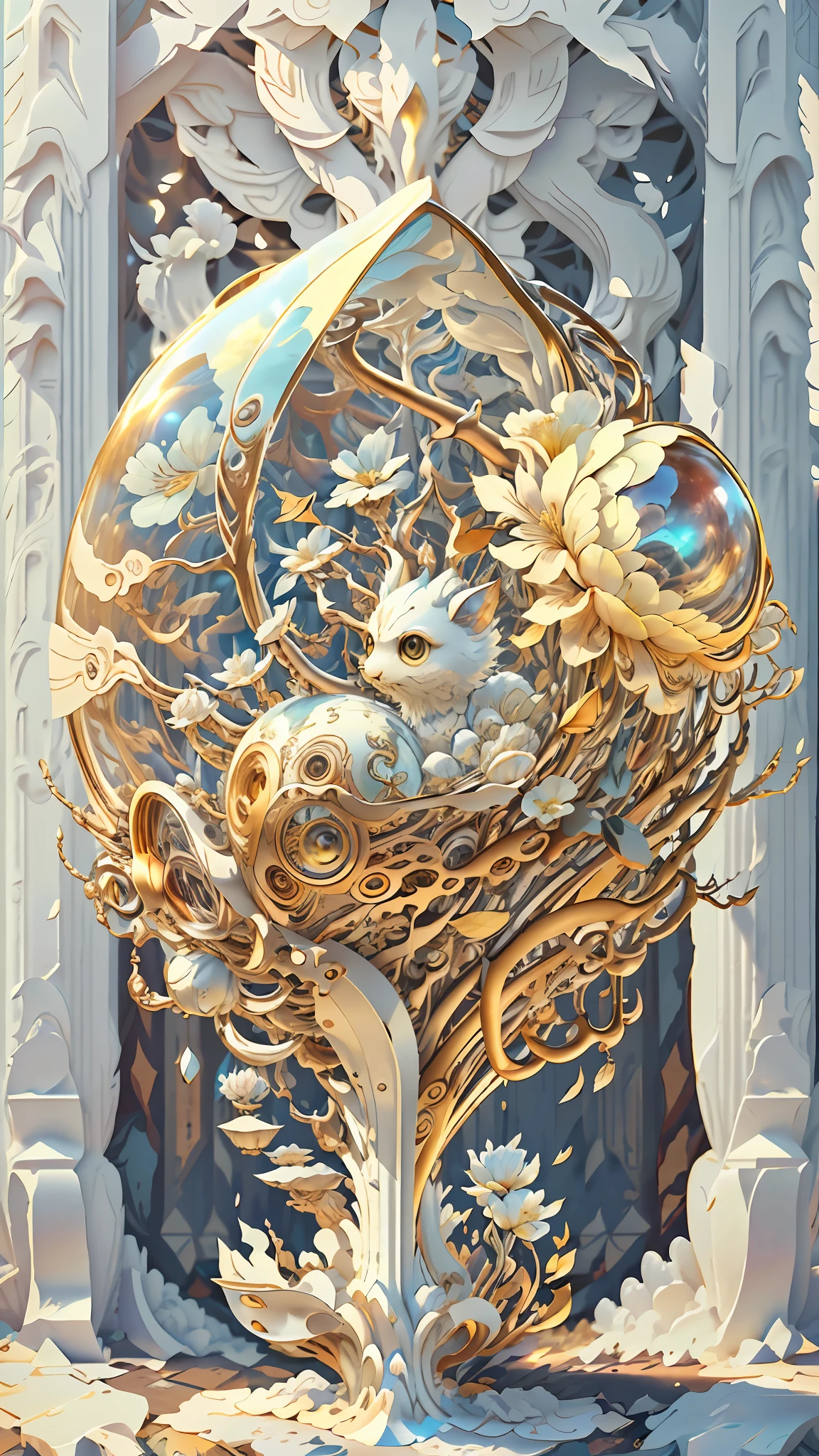 Extremely Ultrarealistic Photorealistic cute creature holding a flower, by James Jean and Android Jones: Jeff Koons: Erin Hanson: Joe Fenton: Dan Mumford: professional photography, natural lighting, volumetric lighting maximalist photoillustration 8k resolution concept art intricately detailed, complex, elegant, expansive, fantastical: