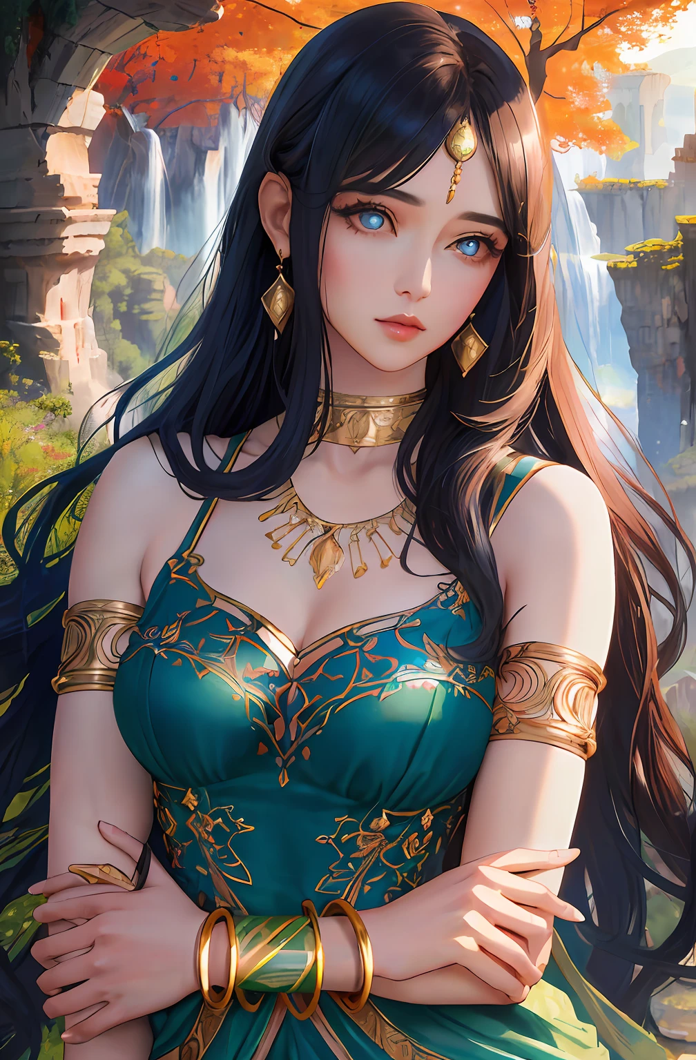 ((Realistic:1.5)),Ulzzang-6500:1.4,((Best quality)), ((Masterpiece)),((Detailed)),2girls,duo,{2 beautiful women}, (Upper body:1.3),Hug and touch each other, Tease your friend's waist, Breathless friends, Biting a friend's earlobe, crouched,super wide shot,Face focus, Long legs,Curvy, Barefoot,Wide hips, Thin legs, Oversized eyes,Long eyelashes, (Detailed face,beautidful eyes, detailedpupils,detailed clothes features, Clear background:1.3), (armlets, bangle:1.3), Mysterious ancient ruins, floresta exuberante, Deep canyon,bridge,River,cliff,Cloud,lakes,Rock music,Waterfalls, Flowers, Grass,grape trees,tree,bright detail,Sharp,Perfect compounding, Intricate, Sharp focus, Dramatic,
