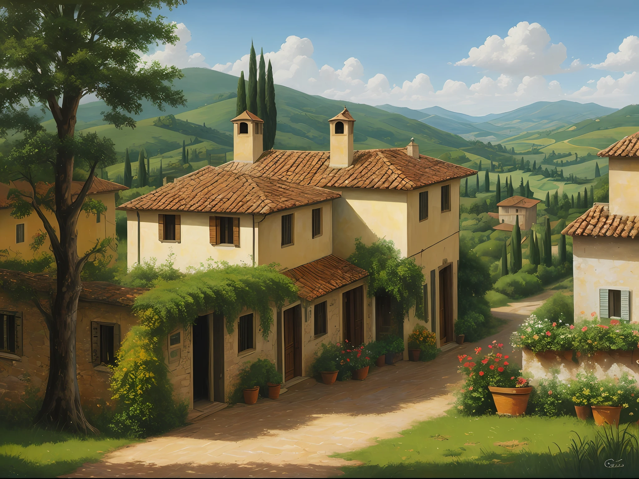 Pequena cidade na Toscana, 1890, Detailed oil painting, feita por Guido Borelli