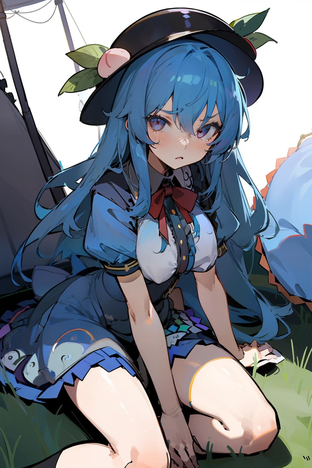 (masterpiece),best quality, expressive eyes, perfect face,w sitting, w sitting on ground, legs on ground, 1girl,
big breast, H-cup, good breast, crossing arms, beautiful, gorgeous,anime,girl,lora,hinanawi tenshi, blue hair, blue haired,tent boobs, tent chest, tent breast