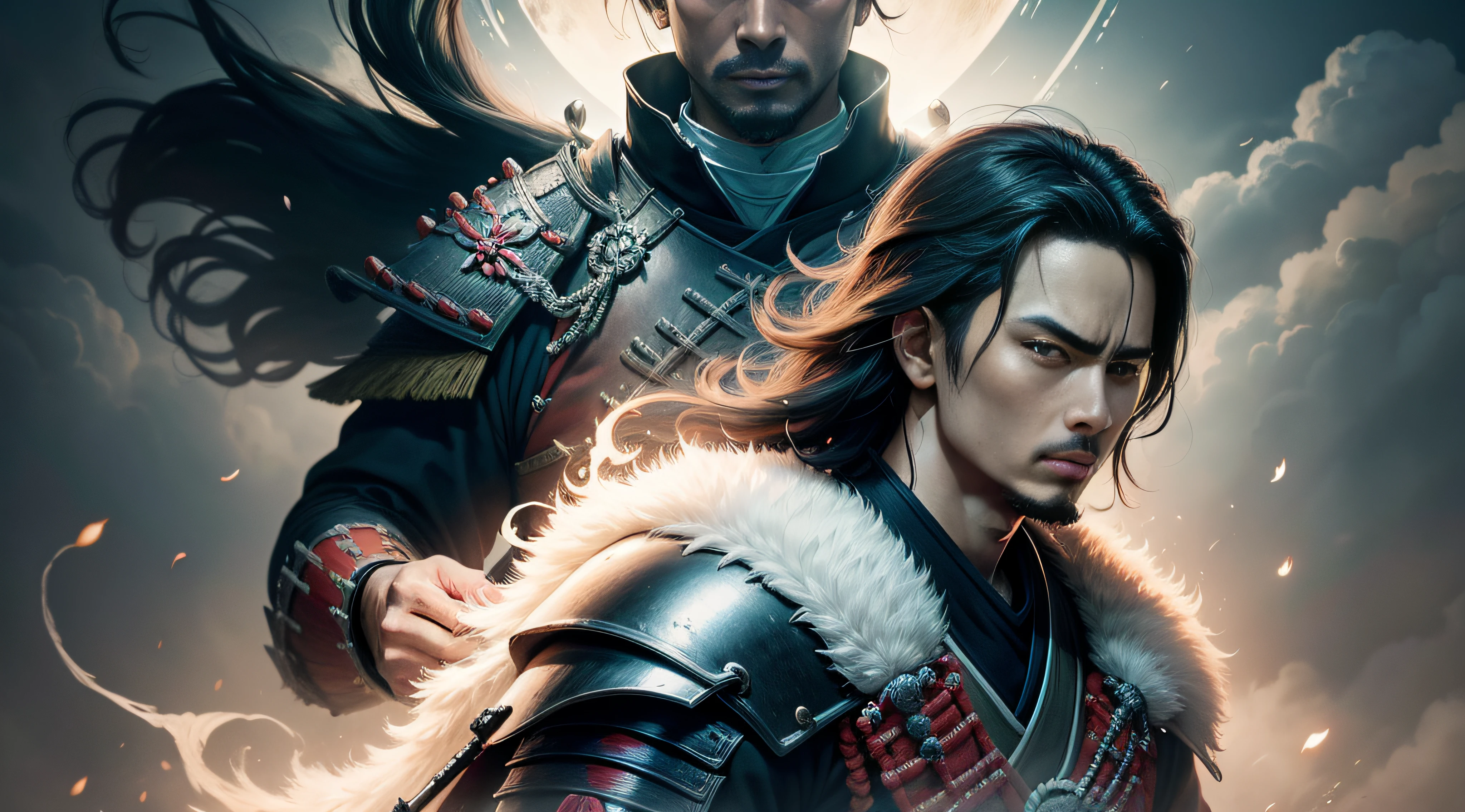 movie poster of a wise samurai, de costas, uniforme de samurai, fundo preto e branco, dramatic