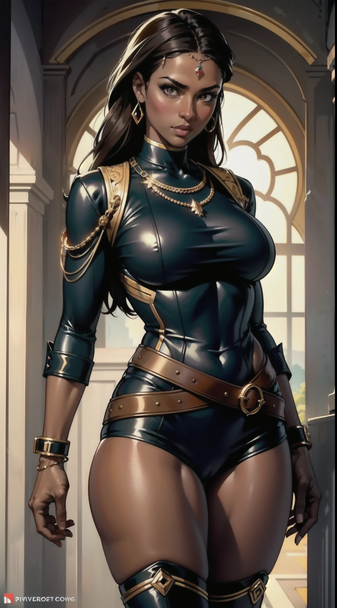 Portrait, Masterpiece, Excellent, 1girl, solo, complex details, color diffusion, close-up, dark-skinned female, tall female, brown skin, black skin, ebony, thighs, hips, athletic, brown hair, golden eyes, sexy attire, casual attire, badass, Princess, royalty, Sci-Fi, Fantasy