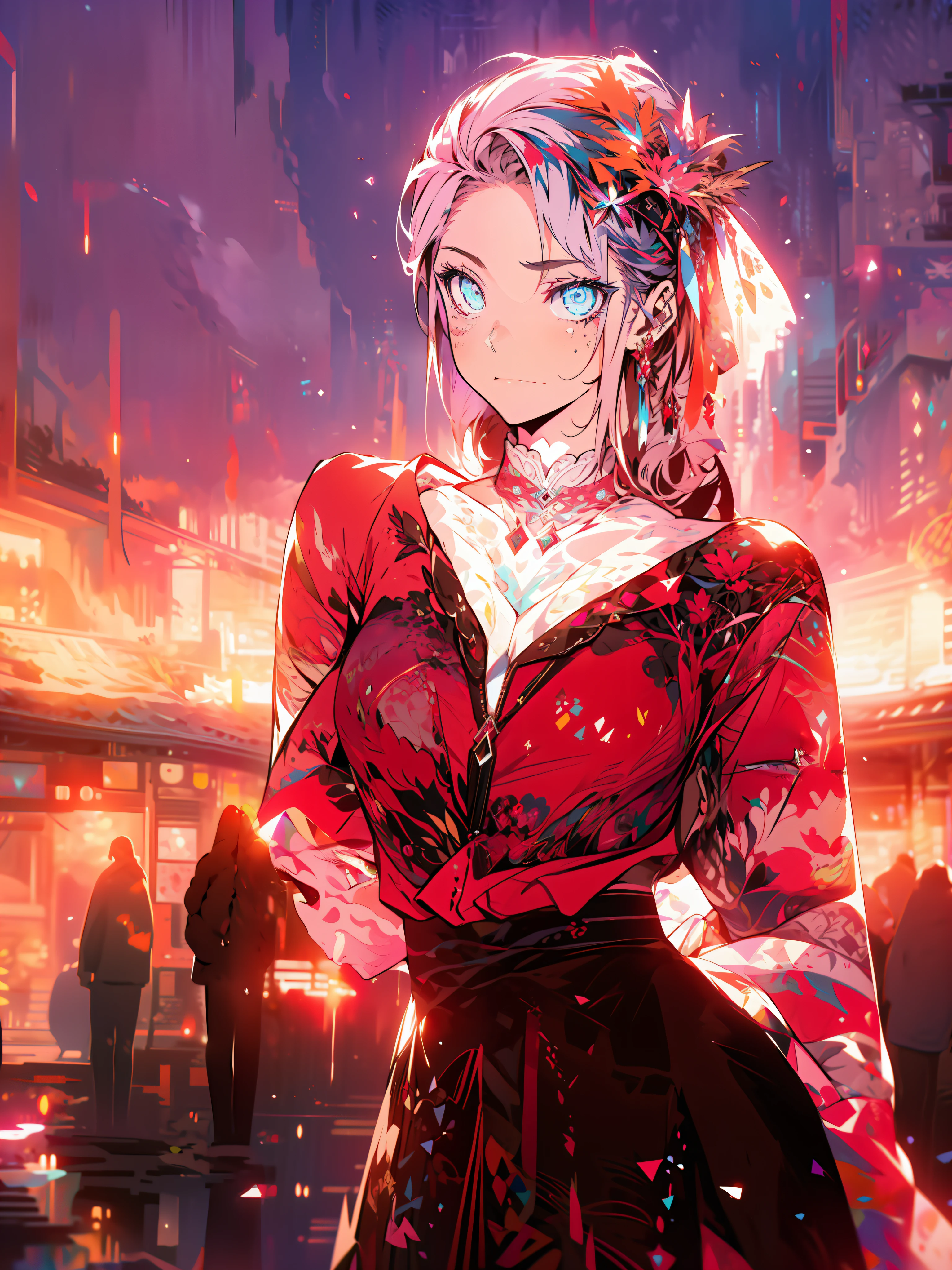 Cyberpunk female, fantasy world, dark background, clean design, epic instagram, artstation, colorful paint splatter, silhouette, hyper detailed intricate details, unreal engine, fantasy, intricate details, splash screen, complementary colors, Fantasy concept art, 8k resolution, deviantart masterpiece, oil painting, heavy strokes, paint dripping, (isolated on white background: 1.3), rainbow skin, (((beautiful young girl))), ((teenage:1.5) ), (glowing blue eyes), ((light eyes)), ((clothes)), (prince\\(indifferent expression\\),, ( ((Wears high detail luxurious))), (chest) --v 6