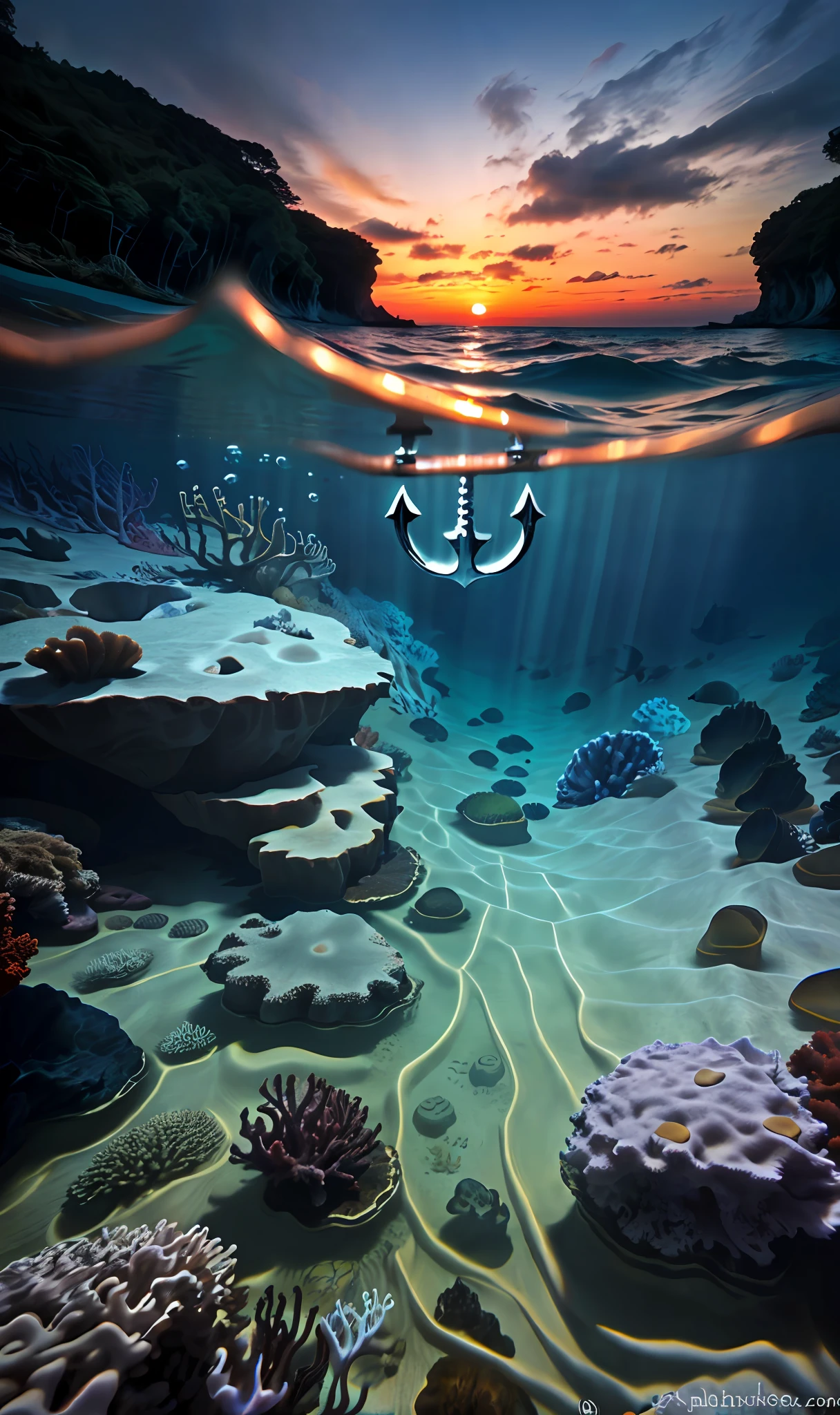 ((underwater view)) ultra wide angle, Best quality, masterpiece, ultra high res, (photorealistic:1.4), raw photo, (majestic) (((a CHROME ANCHOR sits at the bottom of ocean floor))), (underwater) in a (coral reef) environment, with (vibrant colors) and (moon rays) shining through the water, thunderstorm above