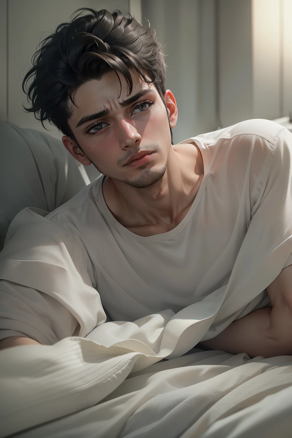 Ultra realistic image of a 25 year old male, short black hair, extremely detailed eyes, dressed in a plain white blouse, very sad and depressed, lying in bed, looking at the bedside table