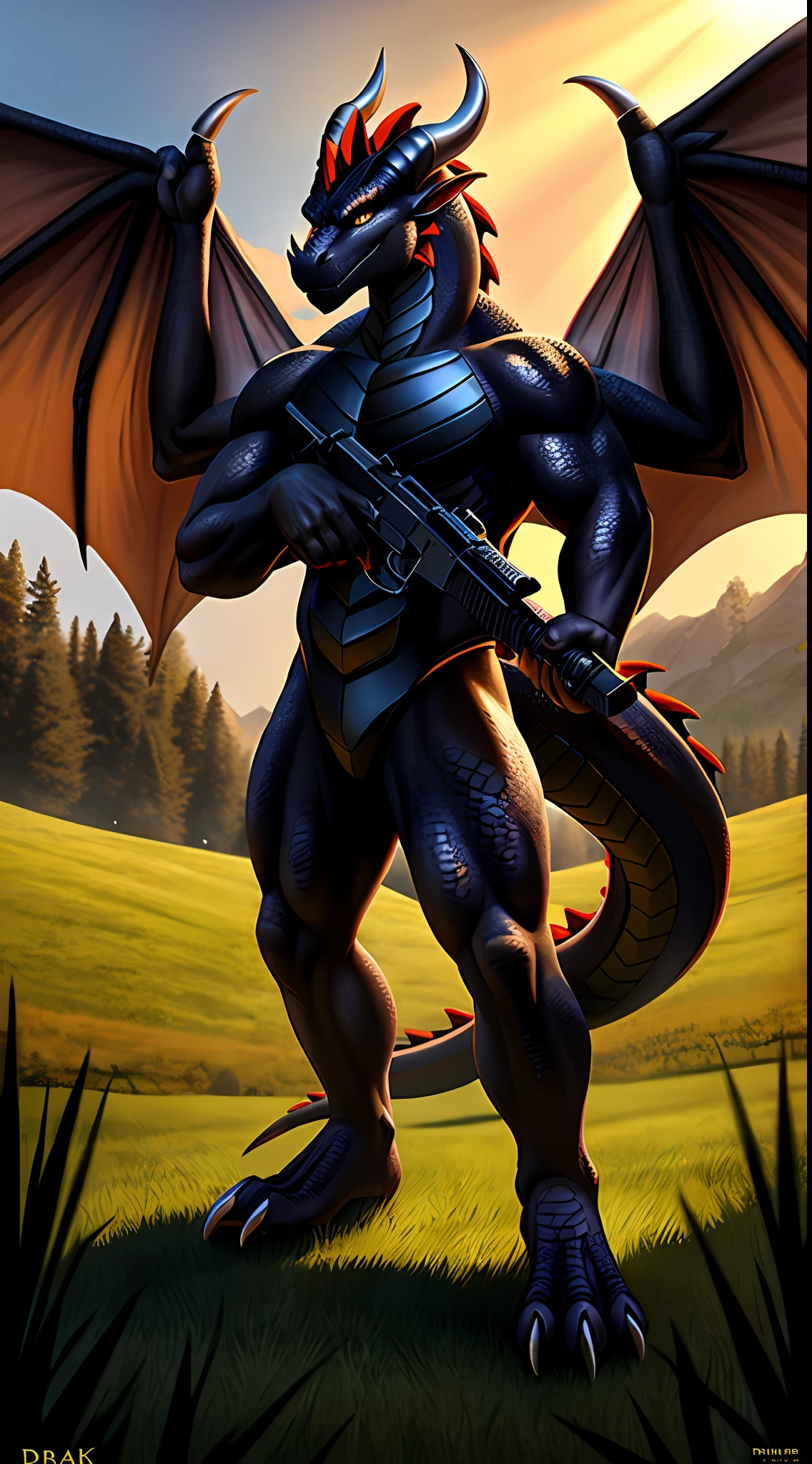 drak，Dragon's horn，dragon claw，Dragon tail，Black dragon wings，Heteropupil，Guns in both hands，Located in the wild，Surrounded by grass，full bodyesbian，The body is black，A detailed，extremely detaile，Best lighting，best shadow，faucet，Delicate scales，finely detailed paws