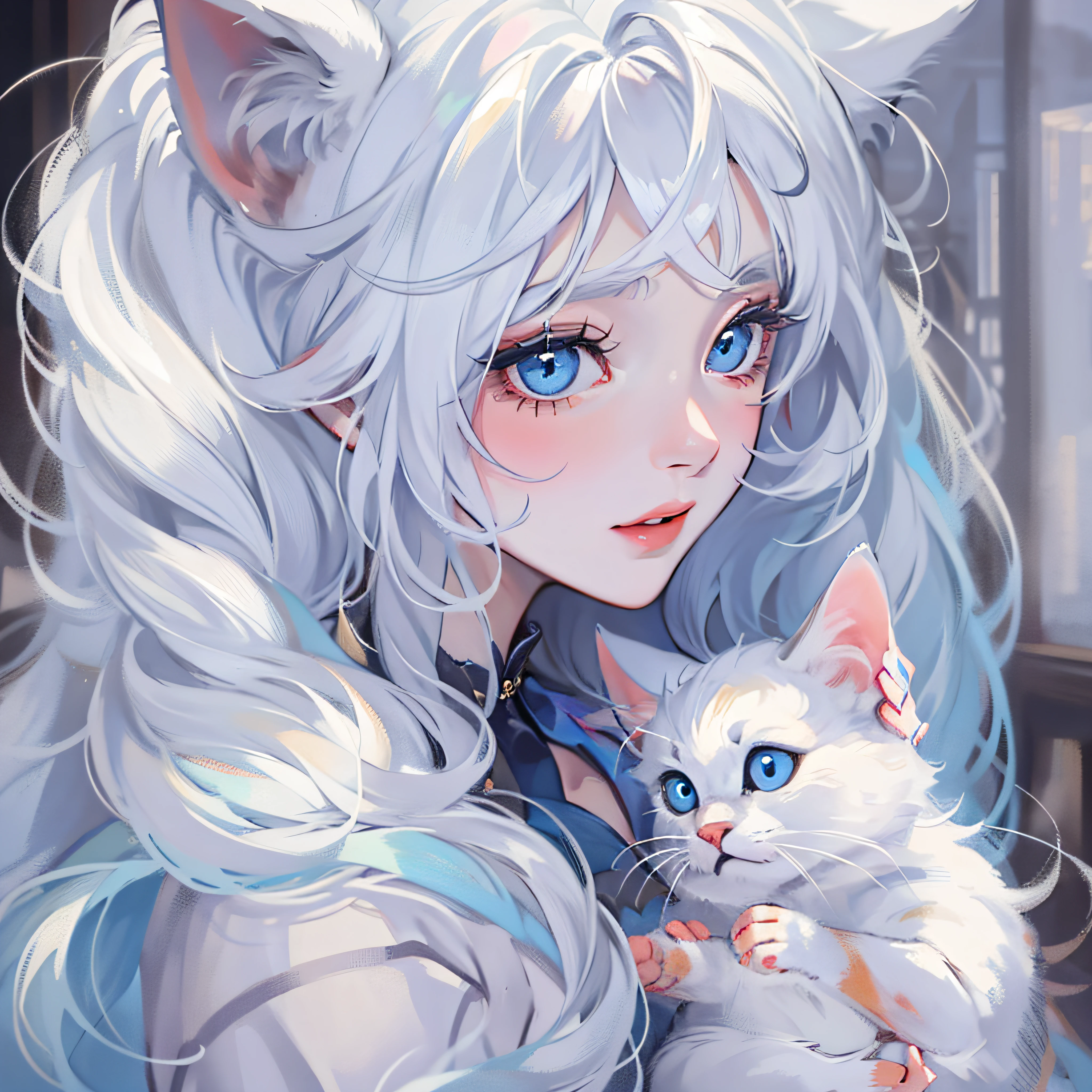 long  white hair，Cat-eared girl，blue color eyes，Long flowing hair，8K quality，Important paintings，