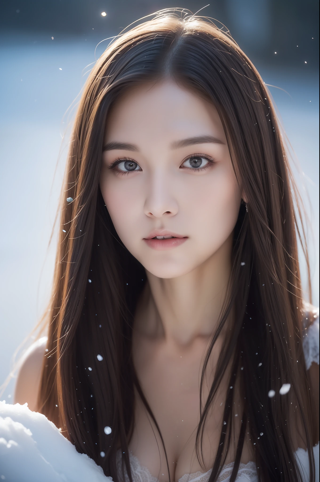 ice snow background，ln the forest，（（top-quality，8K，tmasterpiece：1.3）），Beautuful Women，（The large：1.3），Elongated abs：1.1，dark brown  hair，（Stand in the snow：1.5），Super detailed face，Highly detailed lips，Detailed eyes，二重まぶた，Lace bra，Stick，Big Phloem Woman，Bra performance，White bra，Stylish bra（best qualtiy：1.2），（super-fine：1.2），Beautiful，（Extremely refined and beautiful：1.2），looking at me，cparted lips，nabel，Abs，Provocative expressions，Raised sexy，Dreamlike，Lace，floatking，（beatiful detailed eyes：1.1），（Detail light：1.1），morning hour，Glowing eyes，（Light particles：1.1），ice snow background，ventania，thin fog，snowfield，sketching，blooms，8k wallpaper。