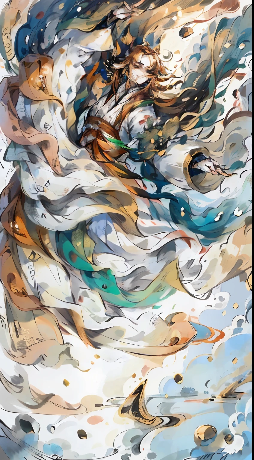 ((4k,masterpiece,best quality)), shuimobysim, traditional chinese painting, hanfu, maxiskit, dress conservatively
1 man, solo, orange hair, long hair, fox ears, white clothes, ancient clothes, gold fish, many gold fishes near man, look at viewer