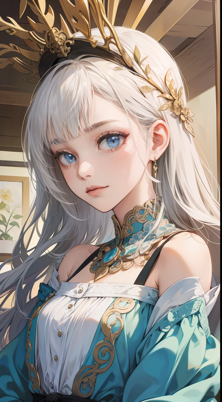 (absurdres, highres, ultra detailed), 1girl, mature female, white hair, long hair, blunt bangs, blue eyes, dress, long sleeves, finely detailed eyes and detailed face, intricate details, BREAK mosaic art, small pieces, colorful tesserae, intricate patterns, tiled designs, durable surfaces, time-honored techniques BREAK macro photography, extreme close-up, intricate details, magnified textures, stunning clarity, hidden beauty, immersive perspective BREAK , artisanal creations, handmade goods, unique designs, intricate details, creative expression, skilled craftsmanship