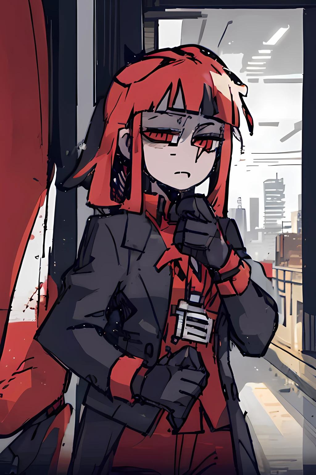 1girl, long red hair, black eyes, wearing winter coats, abandoned building, high res, ultrasharp 8K, master piece, looking at viewer, expressionless