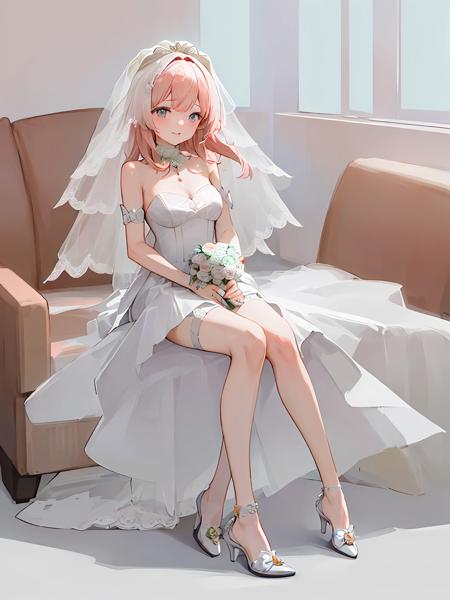 (Masterpiece,Best quality),(From below),1girll,chies,(Sitting),((Bare legs)),(Wedding dress:1.8),(Pointed-toe heels:1.5),No shoulder strap,cropped shoulders, Solo, (Sangonomiya\(Genshin\):0.8),(adapted costume:1.3),jewelry,Silver footwear