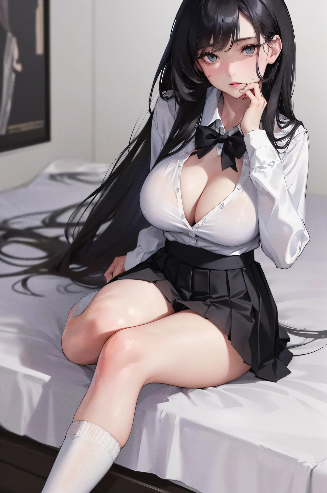 Official fine art,tmasterpiece,Sharp focus,(best qualtiy, 8K, tmasterpiece:1.3,Delicate and beautiful hair and eyes and face,realisticlying,ultra - detailed,a beauty girl, Focus:1.2, Perfect figure sitting on bed:1.4,White shirt,a black pleated skirt,Raise your legs high,White knee-length socks,legs are open,Foot elevation,Realistic details,Black color hair,female high-school student,Lori huge breasts cleavage,pantyless,Lower body display