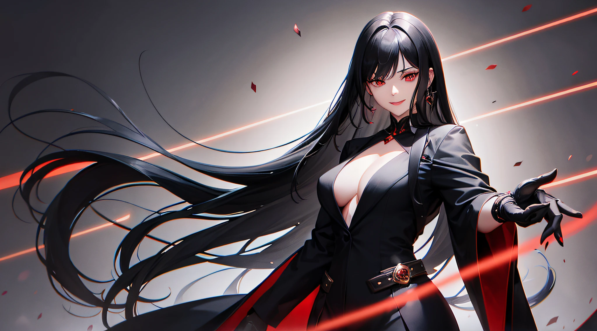 Mature woman, long flowing black hair, red eyes, wearing black suit, clarity, super-clear, 8K, masterpiece,  pointing pistol at viewer, crazy smile