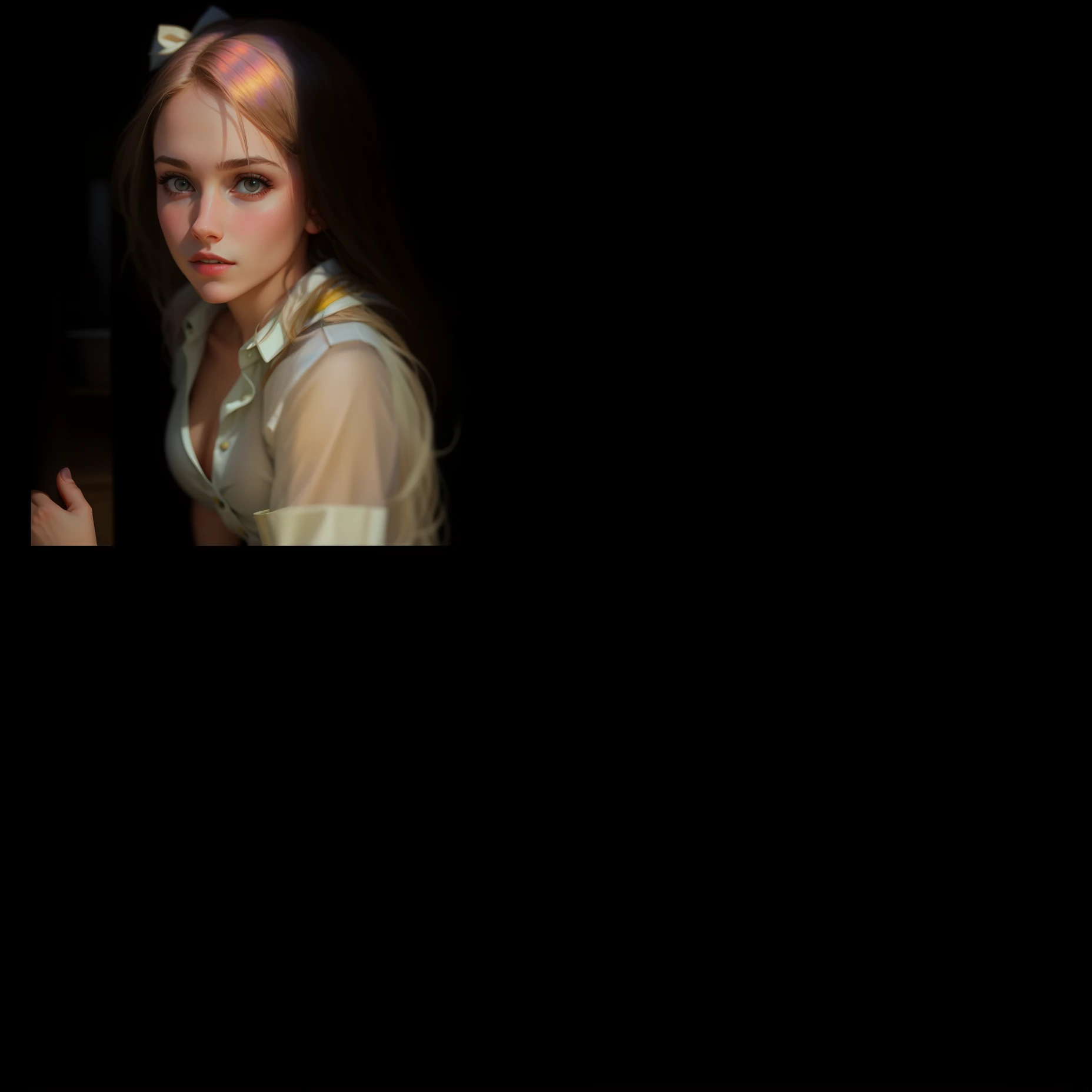 Hyperrealistic portrait of a woman by David Hockney and Alphonse mucha, Fantasy Art, photo-hyper-realistic, Dynamic lighting, artstation, posters, volumetric light, A woman, a very detailed face., 4 k, Award Winning,, 1girl, In the dark, Deep Shadows, Low key, cowboy shot, (Official clothing: 1.4) , long-haired, White Hair, Office Worker