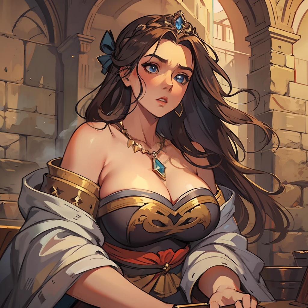 A beautiful plus size woman with beautiful breasts she is a poor woman for RPG character in an expressive medieval art and beautiful an RPG art, Uma arte de RPG de arte medieval, Loire, cabelos loiros, cabelos amarelos