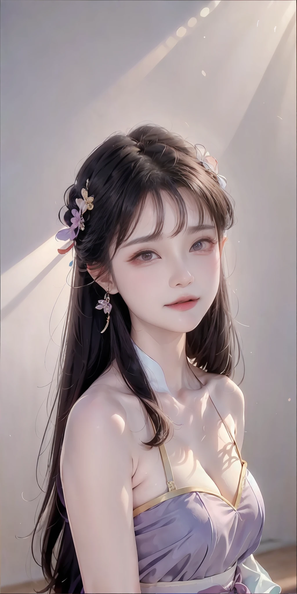 masterpiece, black_hair, 1 girl, looking at the audience, long_hair, nail_polish, solo, ancient art, Chinese,(8k, best quality, masterpiece:1.2), (realistic, realistic:1.2), (background sky: 1.2), (face close-up: 1.7), looking at the audience, hanfu, 1girl, (purple flower pine ink: 1.1), face close-up, detailed face, hanfu, song, long shan, pleated skirt，cinematic lighting, motion blur, ray tracing, god rays, bloom, drop shadow, close-up, lens flare, UHD, masterpiece, ccurate, anatomically correct, textured skin, super detail, high details, high quality, award winning, best quality, highres, 16k, HD, face close-up, close-up, close-up, accurate, correct hand, (anatomically correct: 1.5),