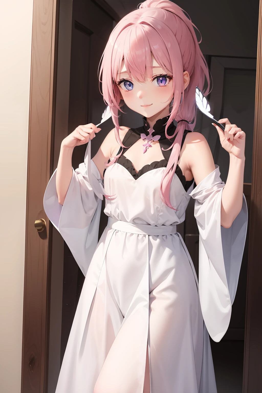 Dark pink hair，Long single ponytail，Blue eye pink pupils，Butterfly ends hair，White-purple clothes，White skin，Tall，ssmile，ellegance
