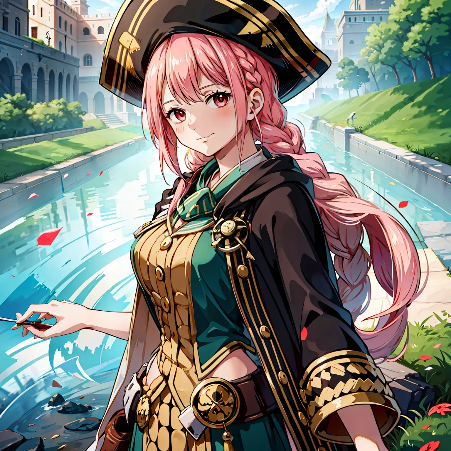 top-quality,​masterpiece,Masterpiece,8k,high-level image quality,High pixel count,detail portrayal,1人の女性,1girl,独奏,Peachy Hair,Long,braid hair,Red eyes,cowboy  shot,Standing figure,Slender body line,Black pirate uniform,Pirate's Cloak,Pirate Hat,a smile,full bodyesbian,Wooden embankment,