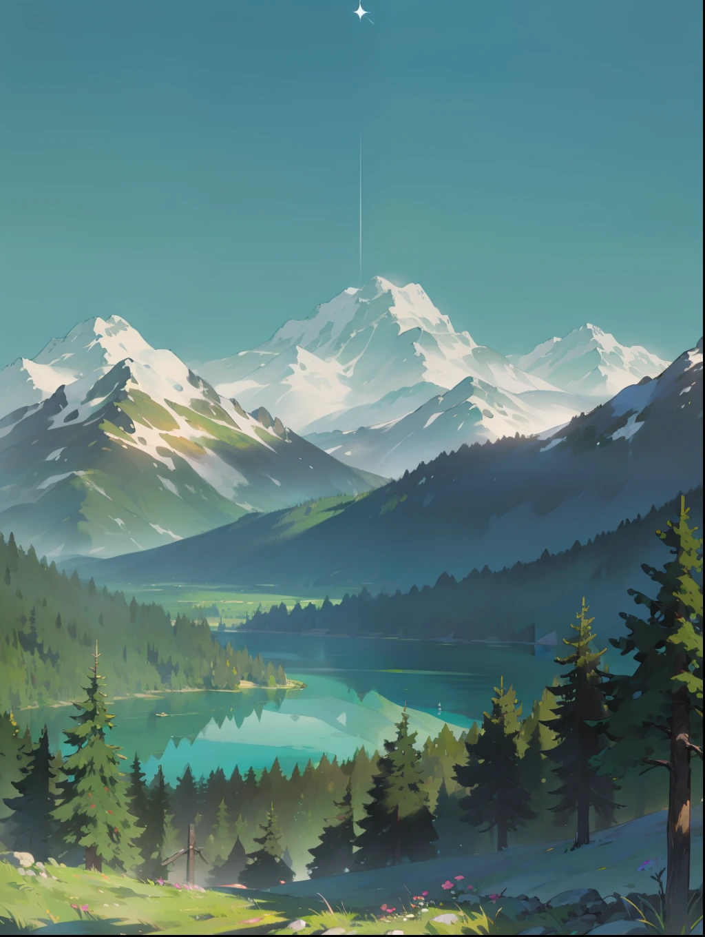 Towering snow-capped mountains,mountain ranges,Turquoise Lake,(ln the forest),florals,The tree,grassy,Near and far comparison,springtime,Plenty of sunshine,Sunlight strong,lightand shade contrast,precipice,Animate,picture,8K,high qulity