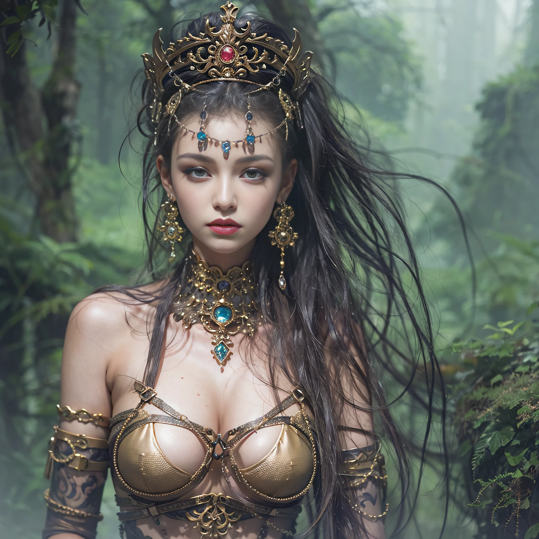 ((masterpiece)、(top-quality)、(reallistic))、beautiful queen、Bondage style、latex shiny、By Luis Royo:1.4、1girl in、Sexy Daughter、Small fashionable tattoos、Attractive earrings with impressive beauty、a choker、a necklace、piercings、Super beauty、Super Ultra Ultra Bikini、standingn、The upper part of the body、Beauty in return、Fantastic mythological landscape
