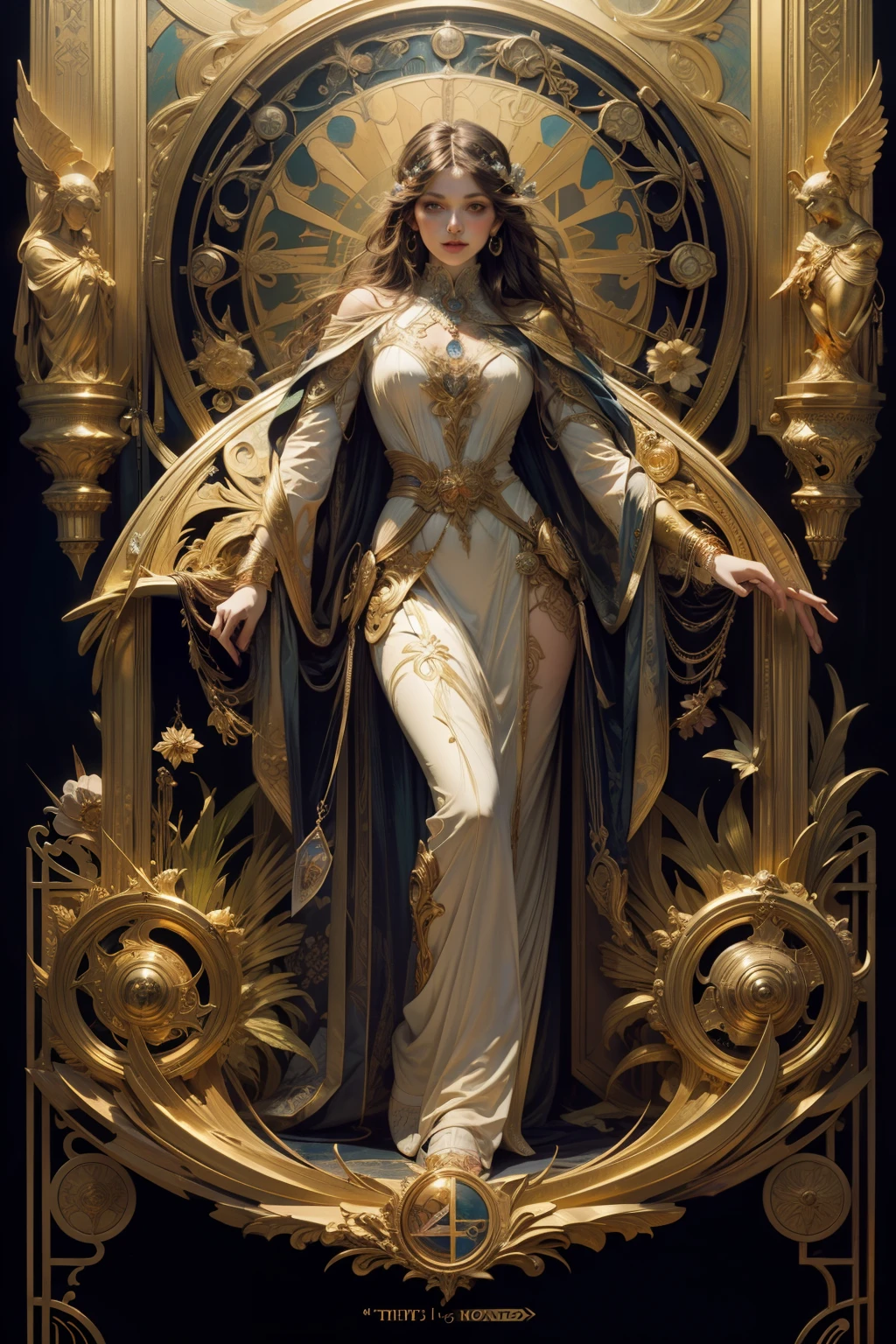 tarot card layout，Best quality, Masterpiece, (Realistic:0.6), Realistic lighting,Flower frame， Decorative panels， abstract artistic， Alphonse Mucha （tmasterpiece， best qualtiy， A high resolution： 1.4）， A detailed， Complicated details， 4K，Wheel of Fortune，golden colored，Solid