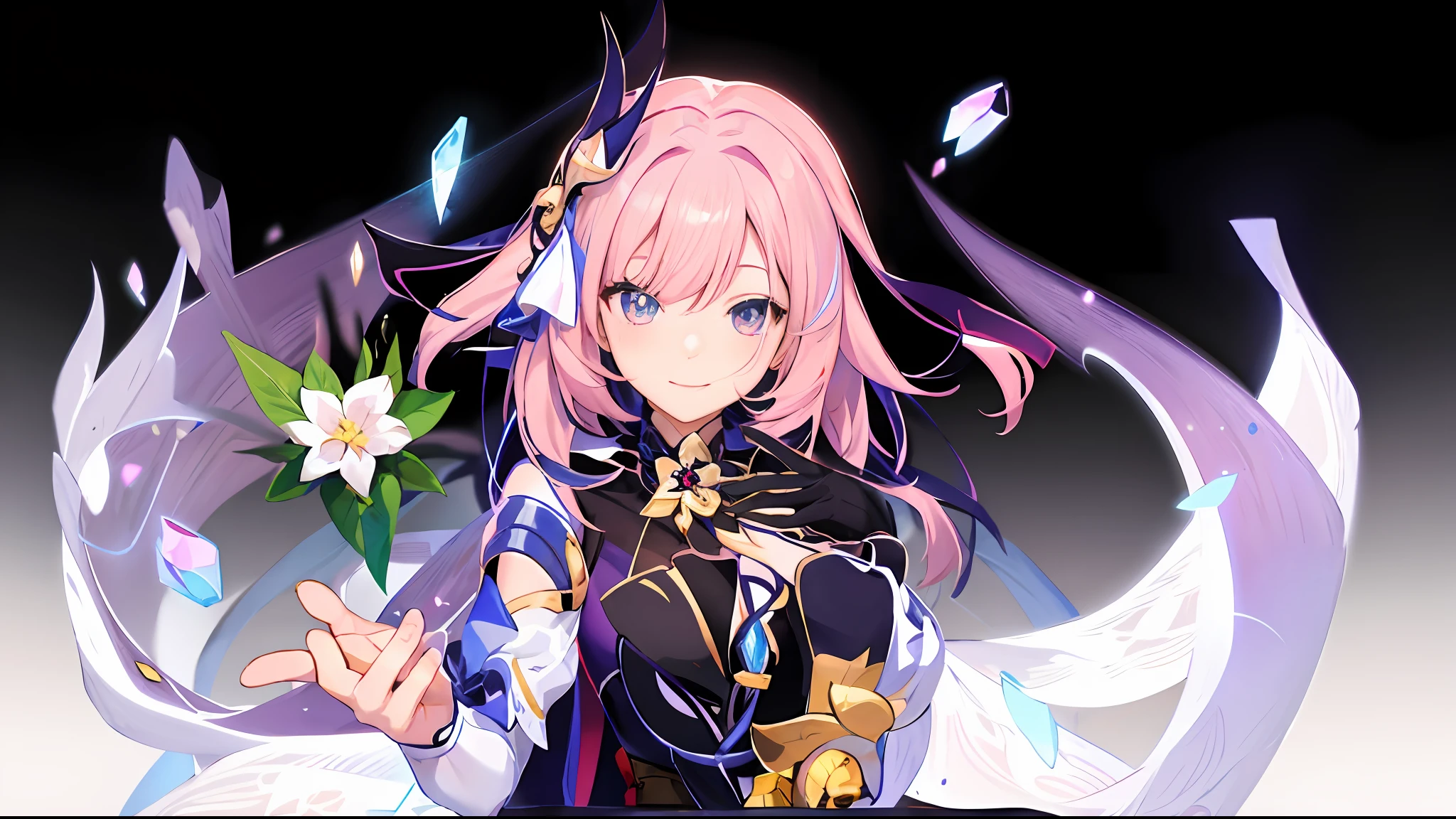 Anime girl with pink hair and white dress holding pink flowers, Ayaka Genshin impact, ayaka game genshin impact, Genshin impact's character, Portrait Chevaliers du Zodiaque Fille, Keqing from Genshin Impact, knights of zodiac girl, holding a pudica pose, zhongli from genshin impact, alchemist girl, starryskybackground