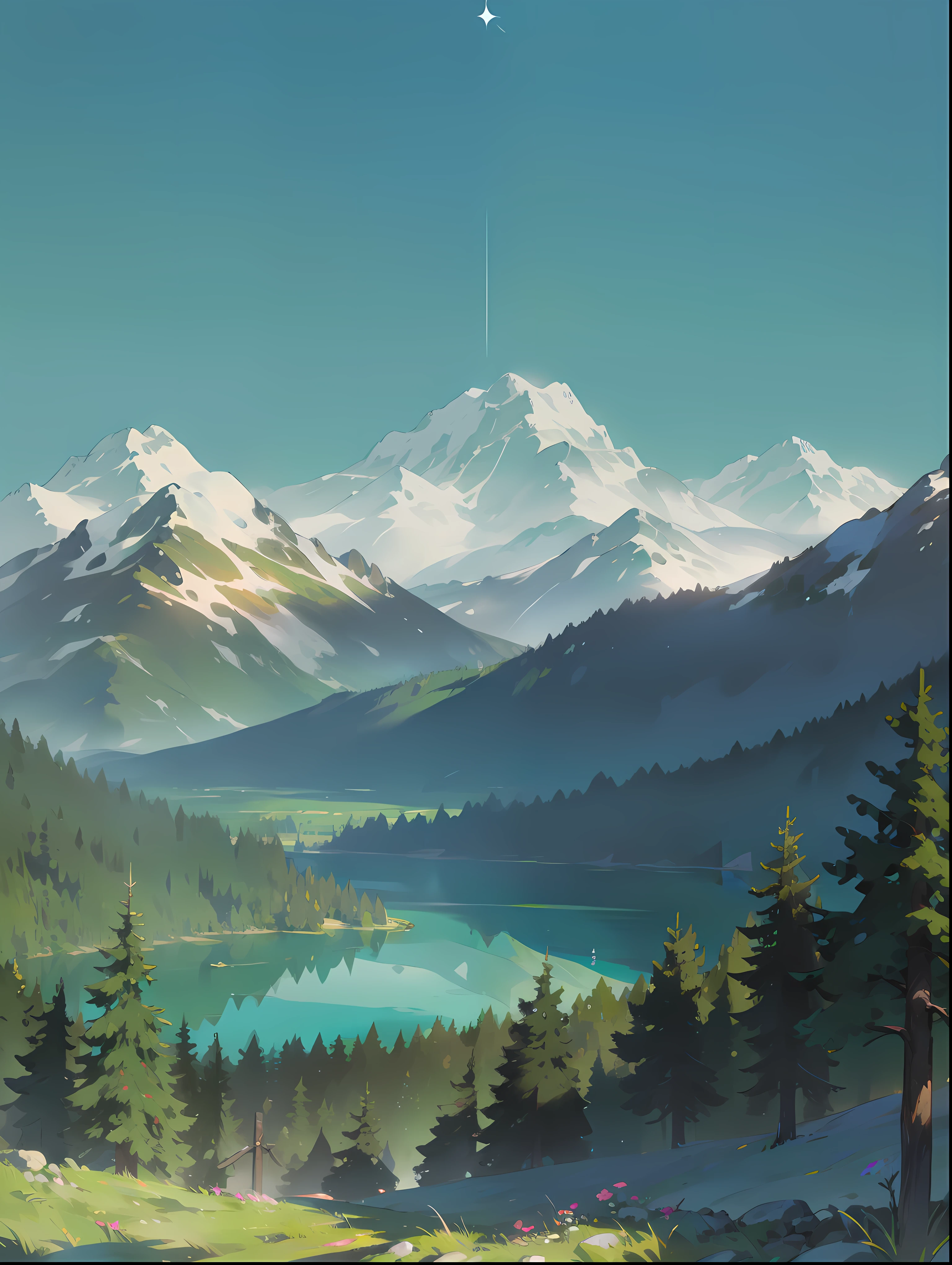 Towering snow-capped mountains,mountain ranges,Turquoise Lake,(ln the forest),florals,The tree,grassy,Near and far comparison,springtime,Plenty of sunshine,Sunlight strong,lightand shade contrast,precipice,Animate,picture,8K,high qulity