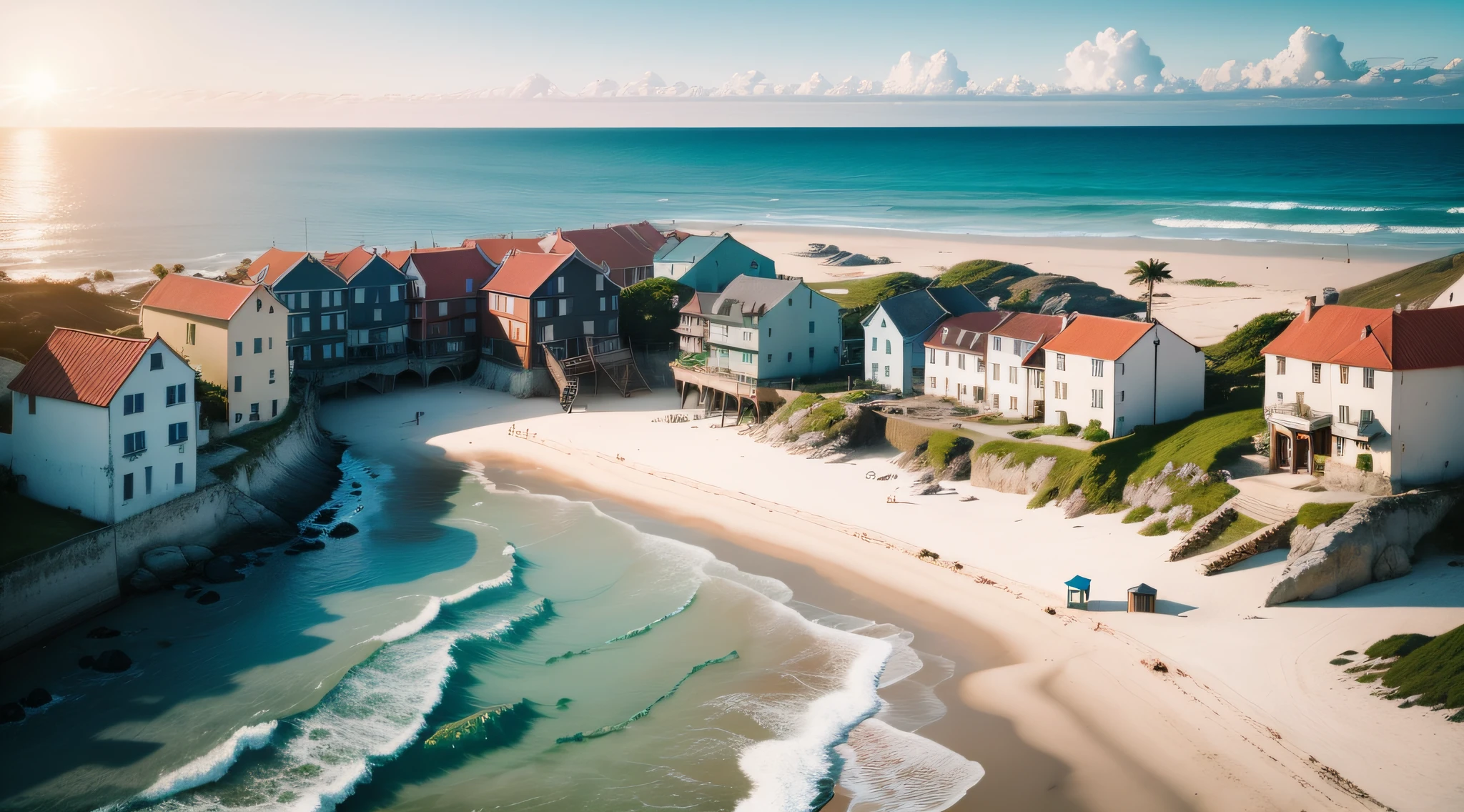 A small, poor fishing village by the beach with only one-story houses, paper awesome wallpaper, foto hiper realista, casas baixas e em ruinas, casas de pescadores, an old lighthouse deactivated with the light off high on the cliffs, por do sol avermelhado com tons alaranjados, com neblina, handsome and aesthetic, casas velhas na beira da praia, fotografia, cinemactic, 8k, alto detalhamento