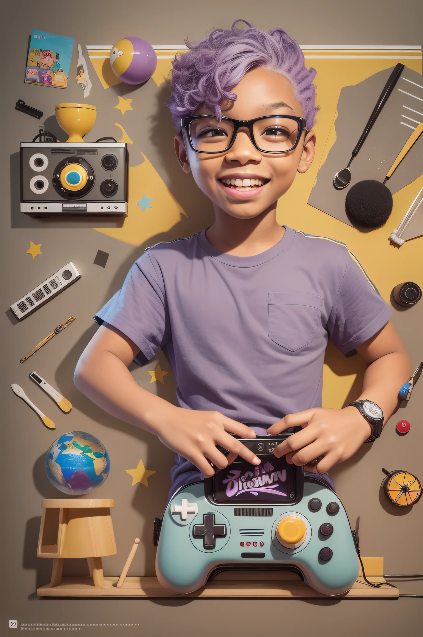 Crie um logotipo com um visual Nerd, a black nerd alien ??? smiling, cynical smile, afro-brasileiro, alien, pelo morena, title: Popnerdzone, lilac colors, amarelo, preto, Planetas, ners utensil, Controlador de videogame, Comics, Desenhos animados, Jogos, cinema, Retro music, cultura pop, quarto nerd.
