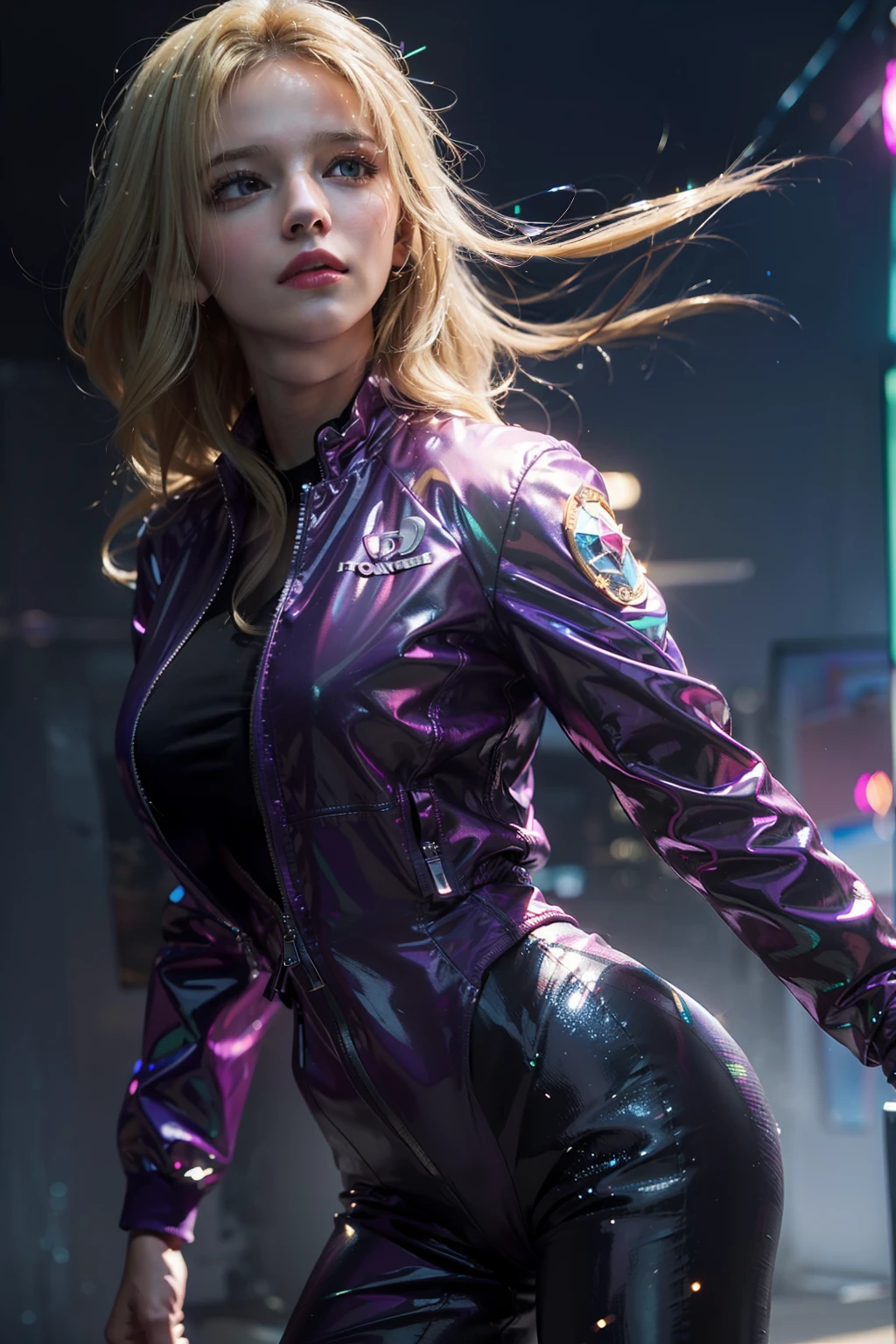 (
(Character: one escapist woman, russian traits, long wave hair, blonde hair, lean body)
(Clothing: purple jacket, futuristic jumpsuit)
(Pose: upper body shot:1.7, dynamic pose)
(blurry, intense urban lights in background)
(Style: ((masterpiece:1.5)), (face detailed), photo-realistic:1.3, hyperrealistic, foggy, high contrast, shiny skin, soft lighting, backlighting, bloom, light sparkles, chromatic aberration)