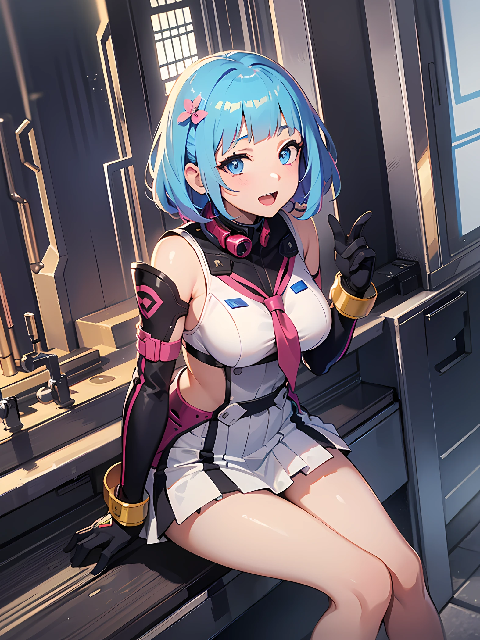 Anime girl on space station looking out the window, macross delta, portrait anime space cadet girl, macross delta splash art, from the azur lane videogame, macross frontier, style of macross, Official Character Art, Female protagonist 👀 :8, macross, macross franchise, akasuki voidstar, Official art, 8 k character details, (masterpiece:1.3), (best quality:1.3), high resolution,
overlook view, couboy shot,
leaning forward, body facing forward,
(one cute girl:1.3), solo,
white skin, small Breast, eight-headed person,
light blue hair, (bobbed hair:1.2), (short hair:1.1), (blunt bangs:1.2), beautiful hair, blue eyes, beautiful detailed eyes,
blush, open mouth, cheerful smile,
school uniform, blue check skirt,
outdoors, beautifully detailed sky,
shadowlighting,