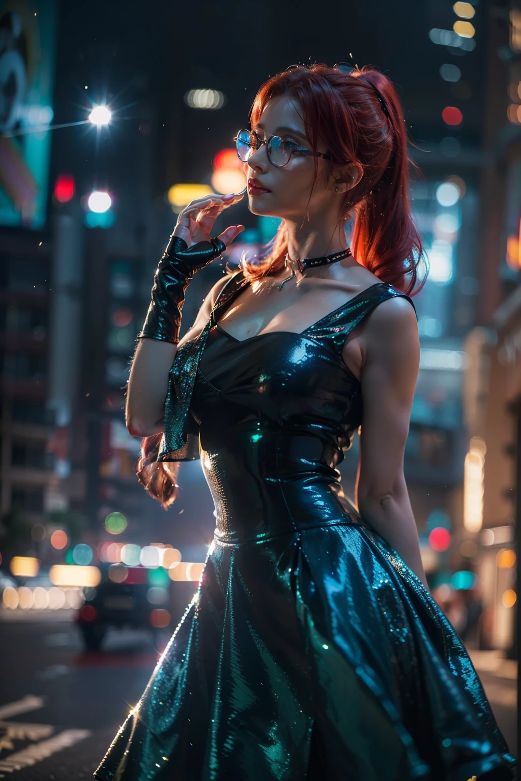 (
(Character: one irish woman, (40 years old), red hair, long ponytail hair)
(Clothing: cyan vintage dress, pantyhose, high heels boots, glasses)
(Pose: upper body shot:1.7, dynamic pose)
(blurry, intense urban lights in background)
(Style: ((masterpiece:1.5)), (face detailed), photo-realistic:1.3, hyperrealistic, foggy, high contrast, shiny skin, soft lighting, backlighting, bloom, light sparkles, chromatic aberration)