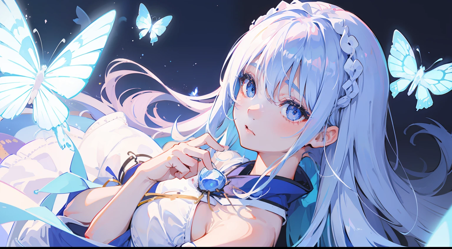 Fate、Cartoon-style illustration、Japan Beautiful Girl、Big blue eyes、White hair、Glowing blue all over、Beautiful light、kawaii、2D、illustratio、masterpiece、8k、quadratic element、doress、Beautiful fece、white butterfly、Japanese dress、Japan cartoon illustration