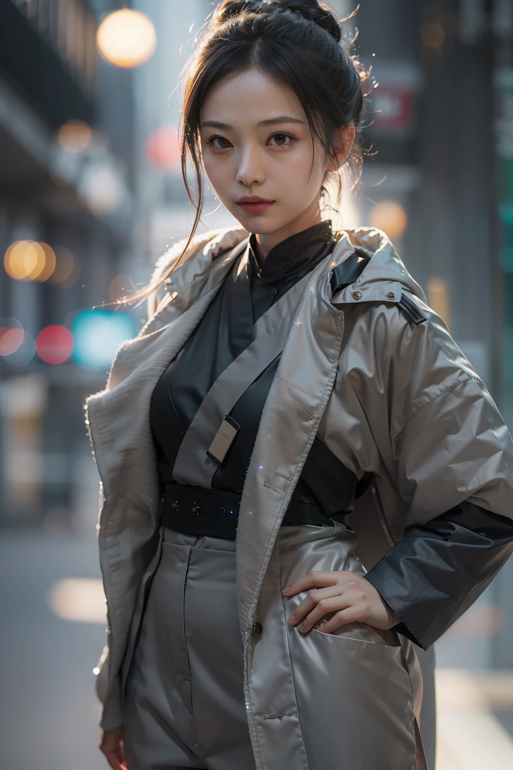 ( 
    (Character: one chinese woman, 40 years old, medical examiner, high bun in the hair, small smile)
    (Clothing: medical coat, gray hakama pants)
    (Pose: upper body shot:1.7, dynamic pose)
    (blurry, intense urban lights in background) 
    (Style: ((masterpiece:1.5)), (face detailed), photo-realistic:1.3, hyperrealistic, foggy, high contrast, shiny skin, soft lighting, backlighting, bloom, light sparkles, chromatic aberration)
